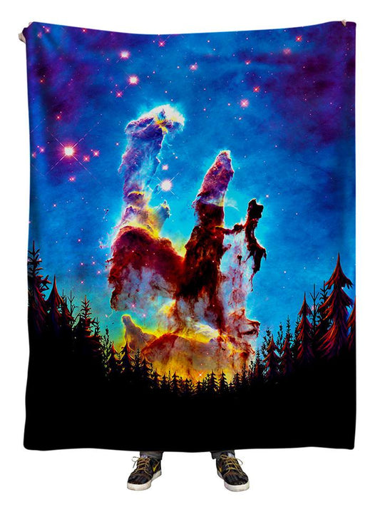 Hanging view of all over print rainbow nebula galaxy blanket by GratefullyDyed Apparel.