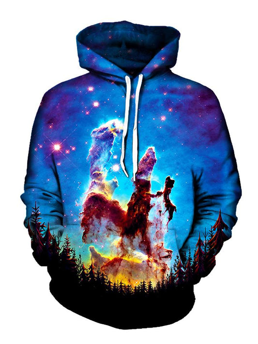 Men's black forest with blue galaxy & rainbow nebula pullover hoodie front view.
