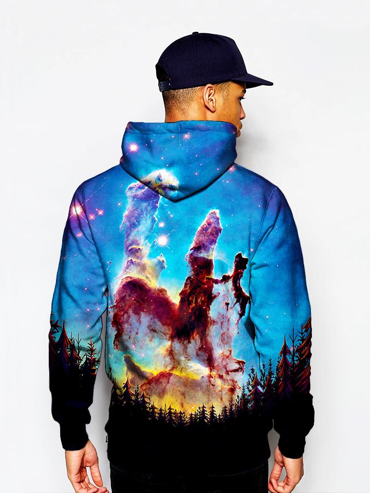 Model wearing GratefullyDyed Apparel black forest, blue galaxy & rainbow nebula hoodie.
