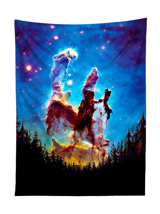 Vertical hanging view of all over print blue, rainbow & black forest nebula galaxy tapestry by GratefullyDyed Apparel.