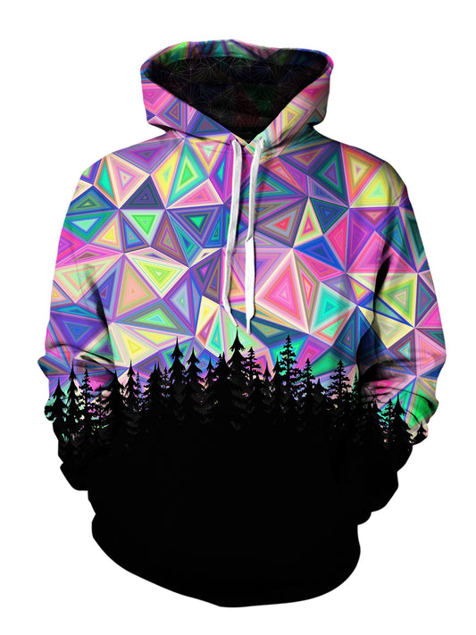 Men's purple & rainbow geometric sky treeline pullover hoodie front view.