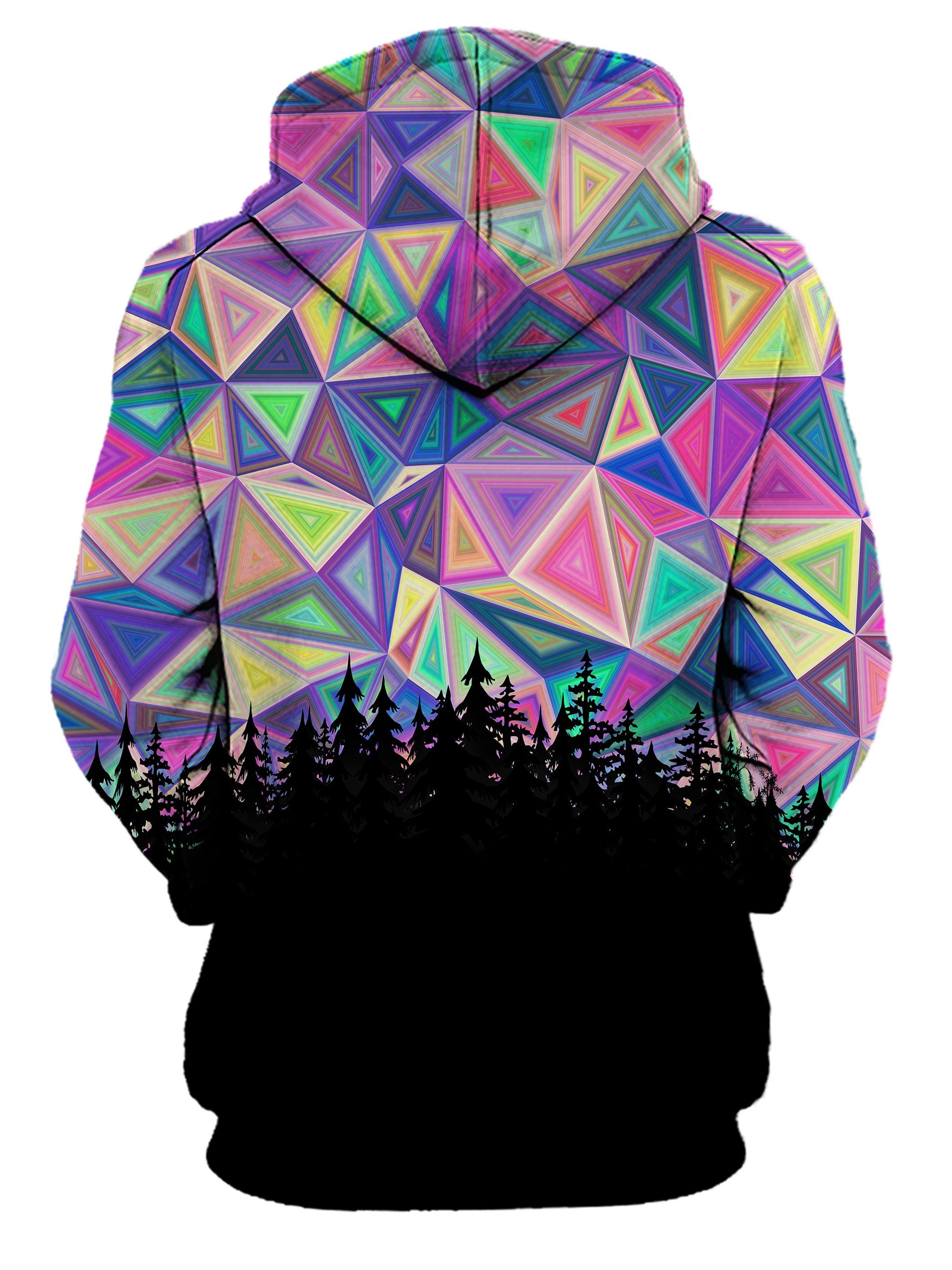 Rear of women's all over print purple & rainbow nature hoody. 