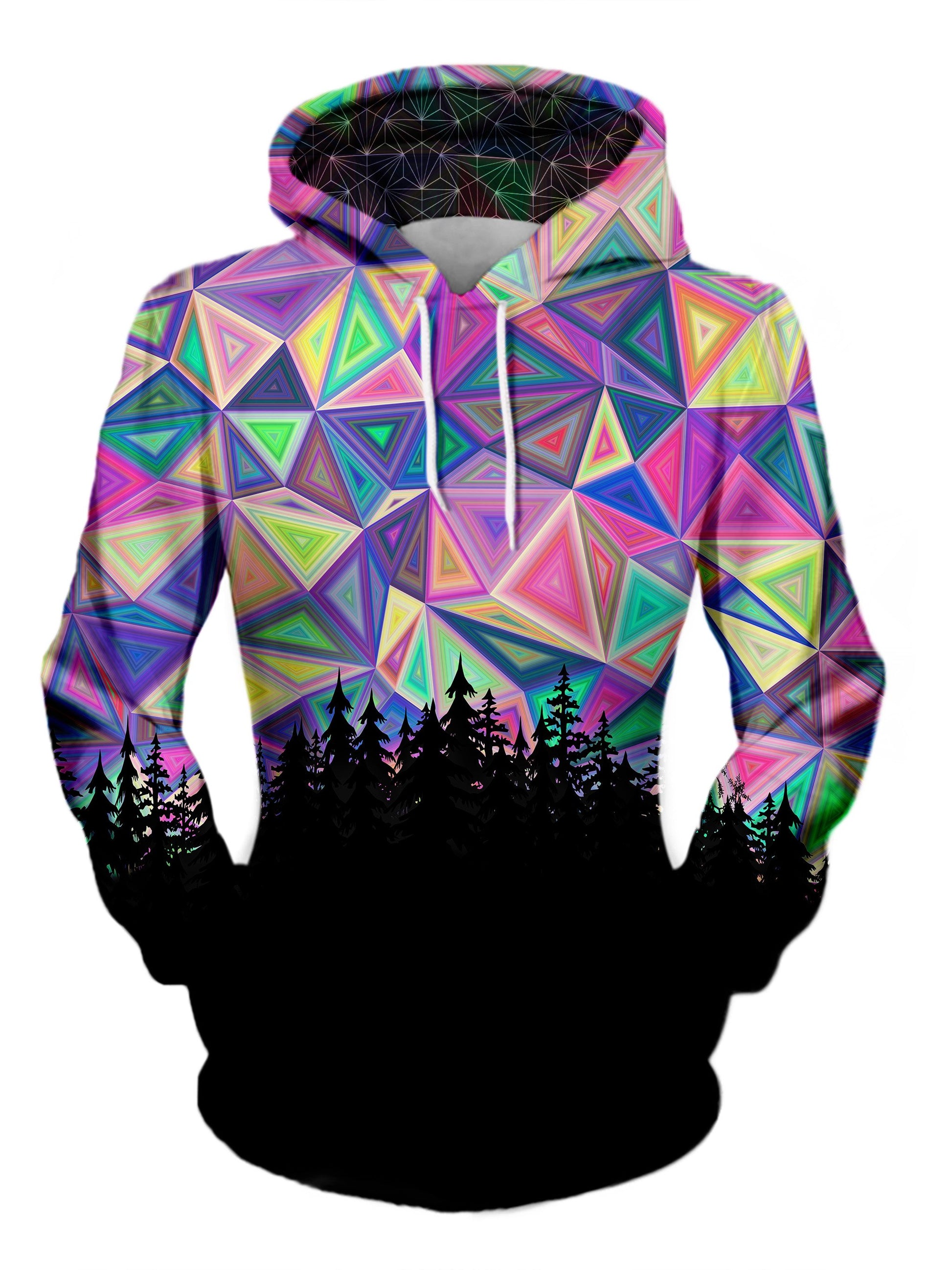 Women's front view of trippy purple & rainbow geometric sky treeline pullover hoodie.