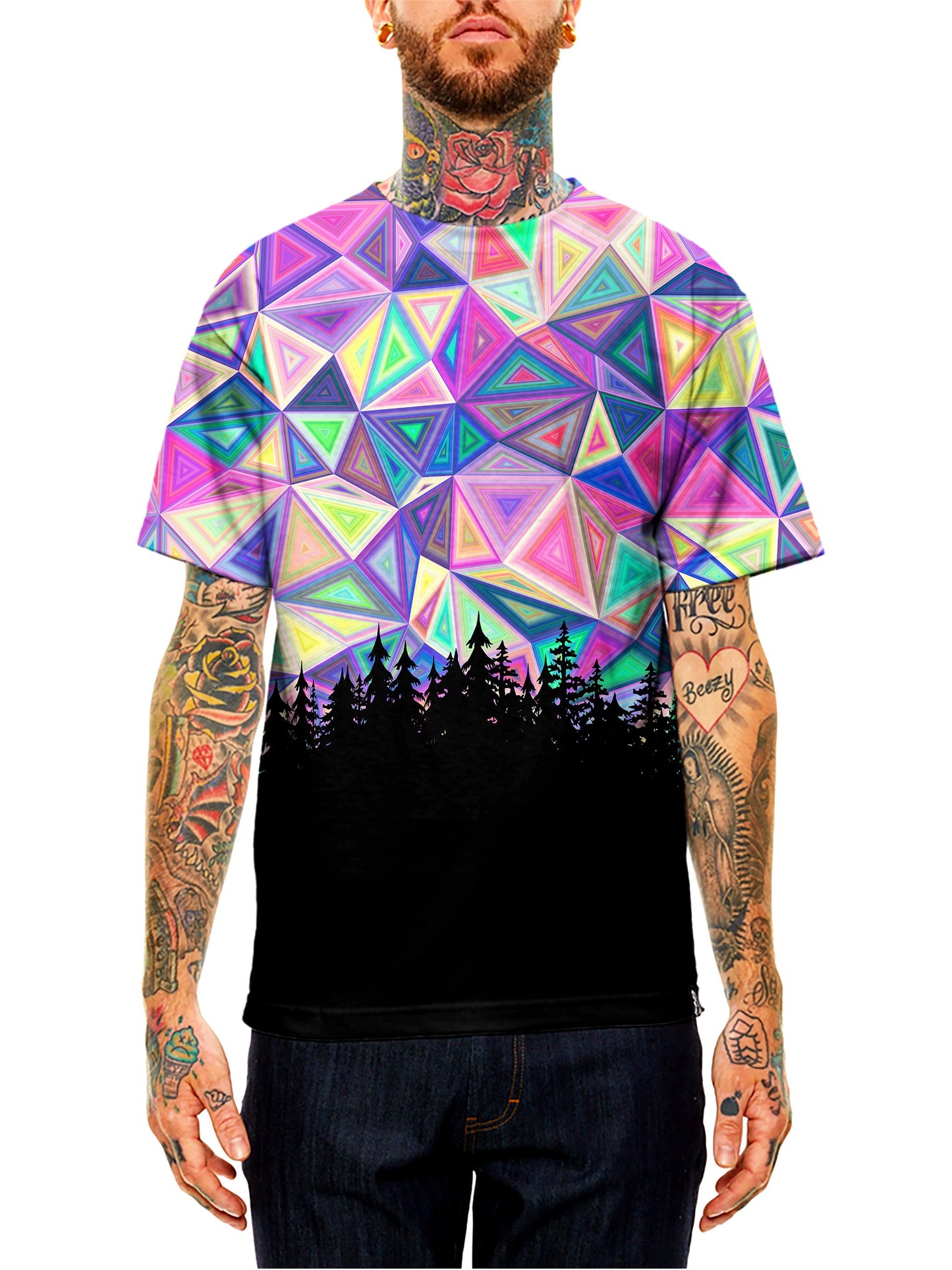 Model wearing GratefullyDyed Apparel rainbow geometric forest unisex t-shirt.