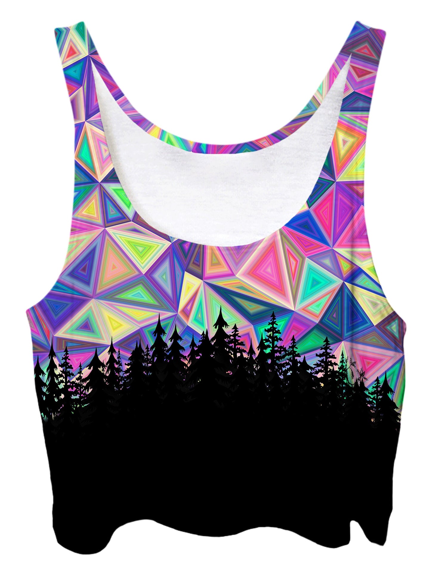 Trippy front view of GratefullyDyed Apparel rainbow geometry forest crop top.