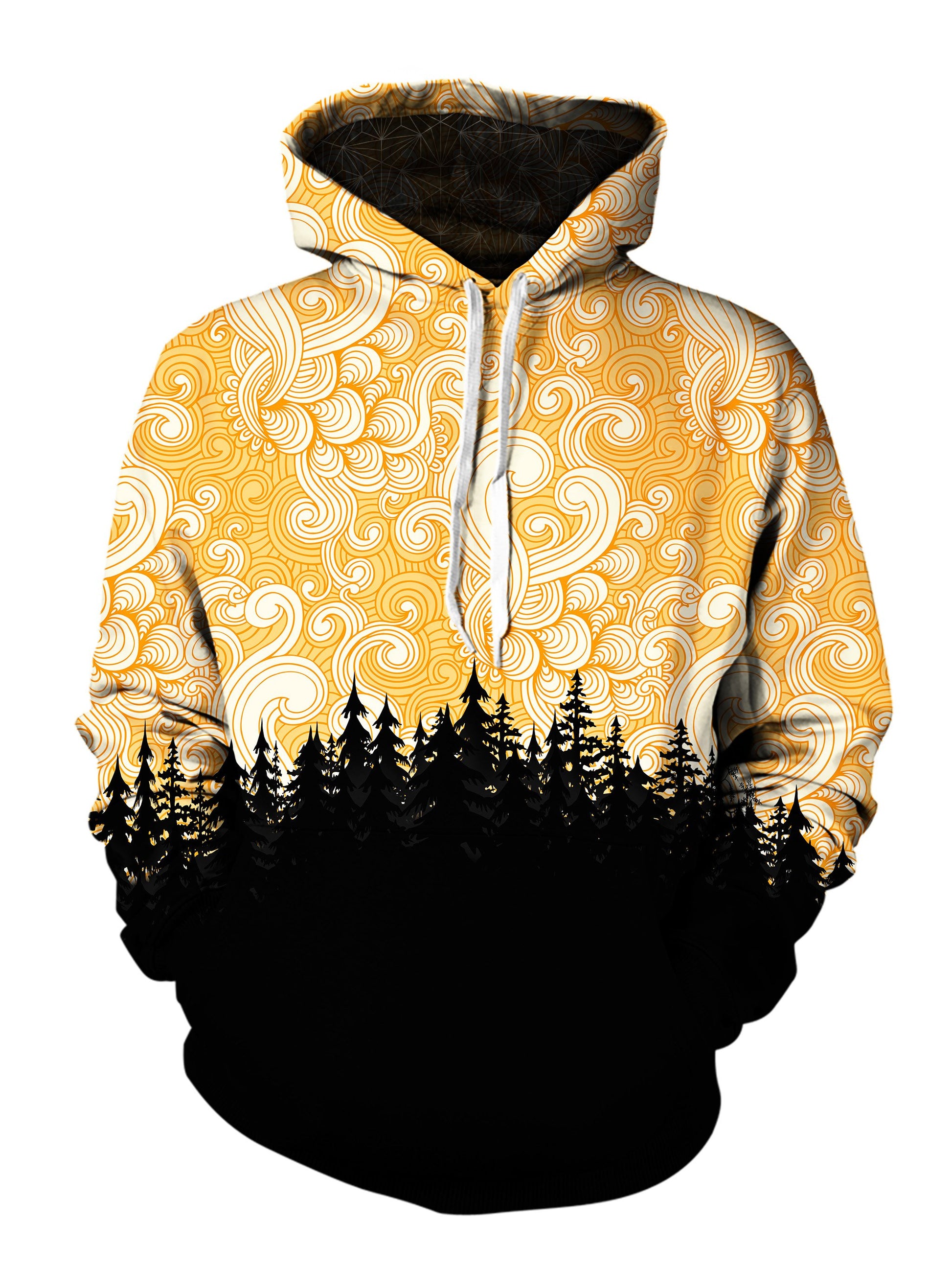 Men's yellow & black swirl sky forest pullover hoodie front view.