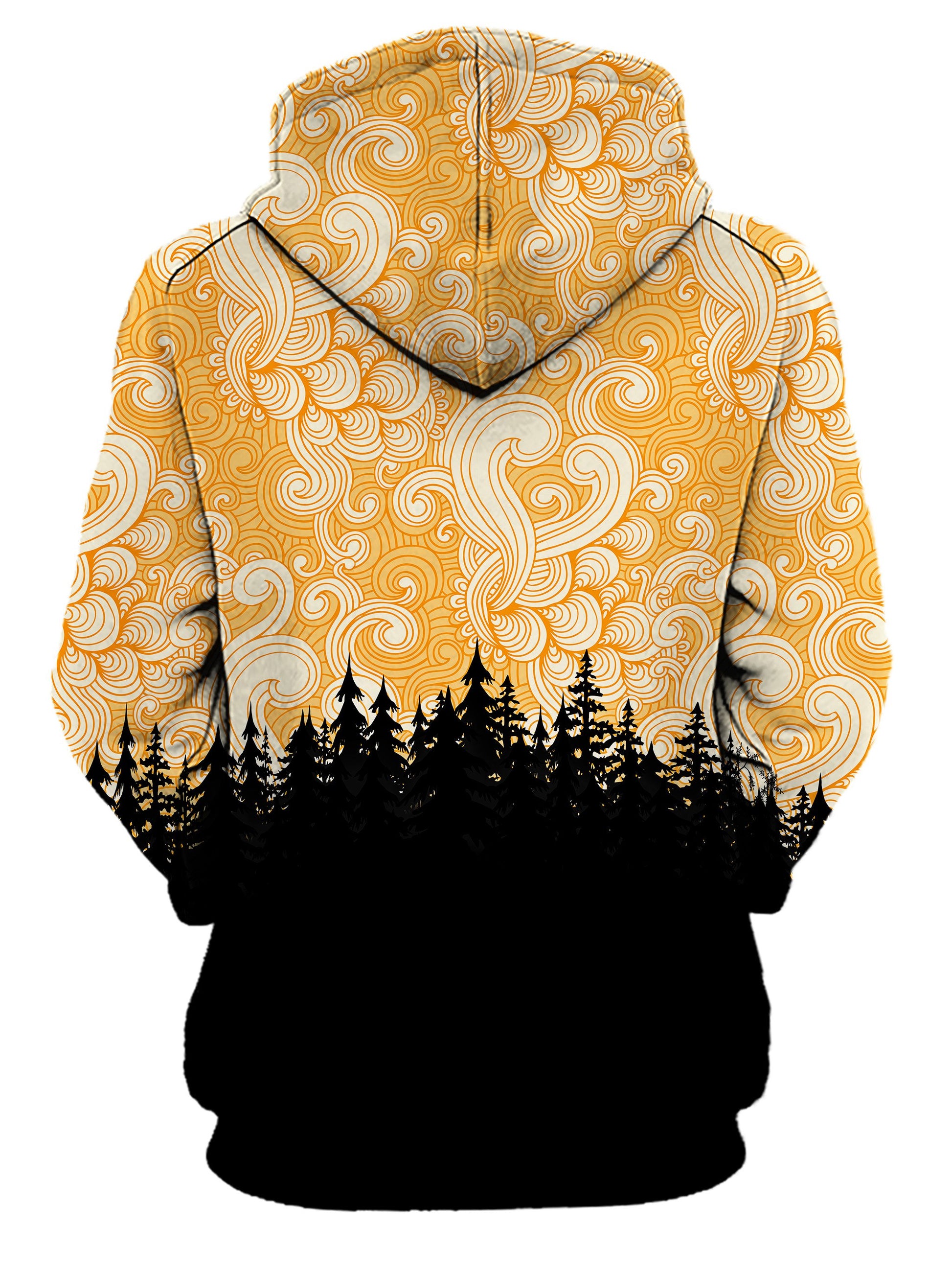 Rear of women's yellow & black cloud swirl forest hoody. 