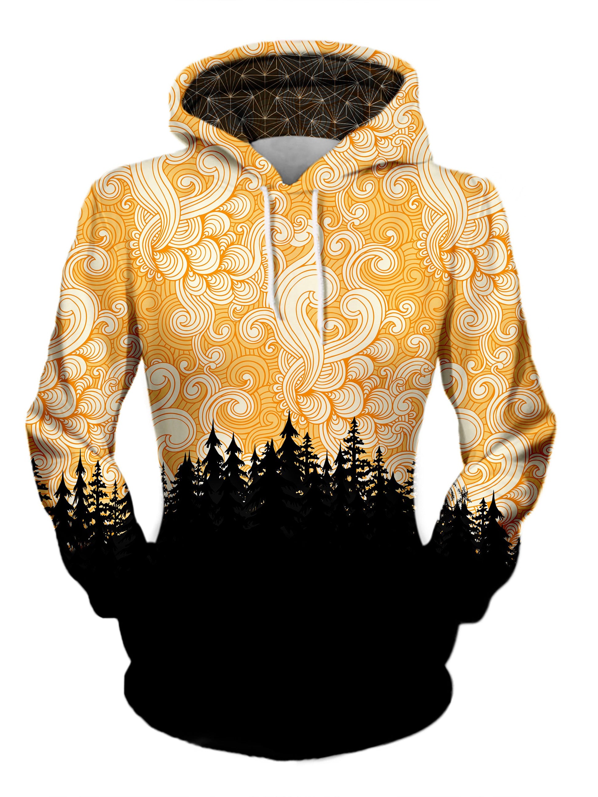 Women's front view of trippy treeline pullover hoodie.