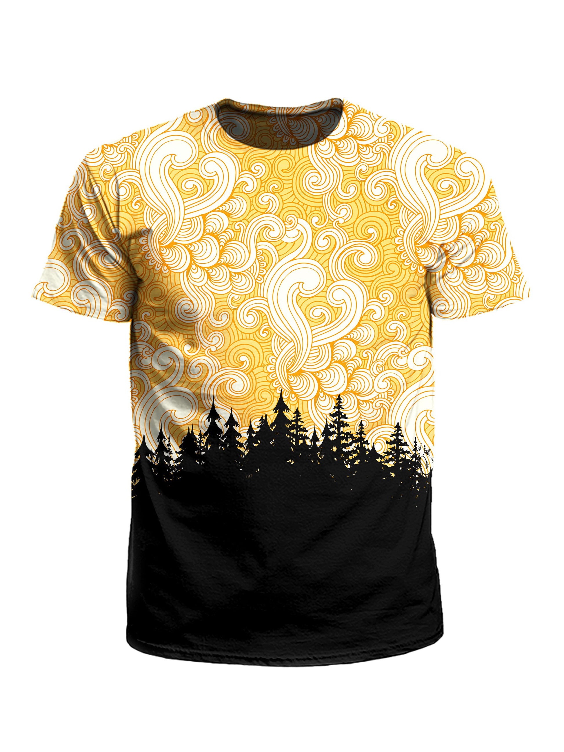 Men's black & yellow cloud swirl treeline unisex t-shirt front view.