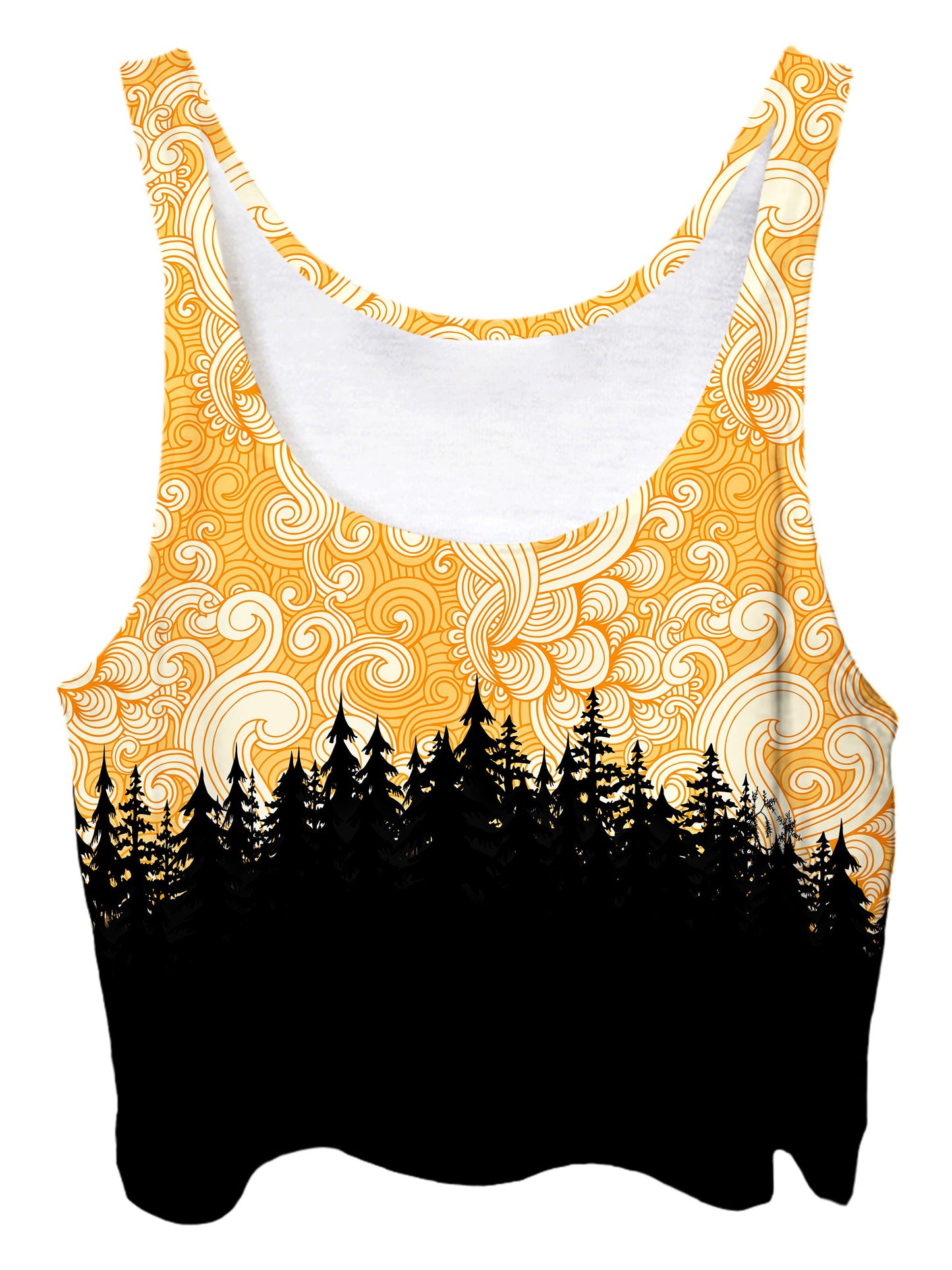 Trippy front view of GratefullyDyed Apparel yellow cloud swirl forest crop top.
