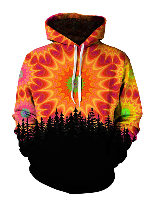 Men's red, orange & green mandala forest pullover hoodie front view.