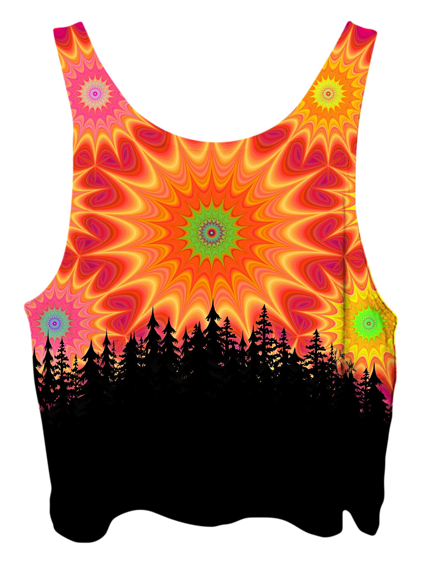 All over print psychedelic sacred geometry nature cropped top by Gratefully Dyed Apparel back view.