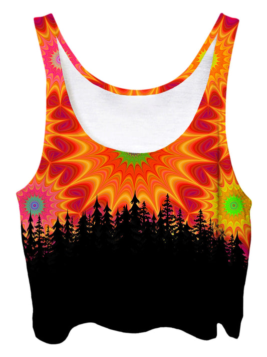 Trippy front view of GratefullyDyed Apparel red & black mandala forest crop top.