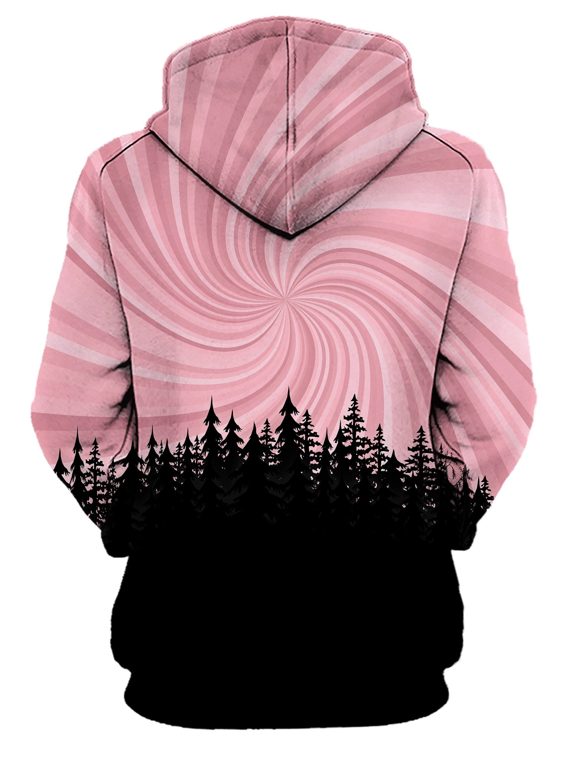 Rear of women's all over print pink & black vortex forest hoody. 
