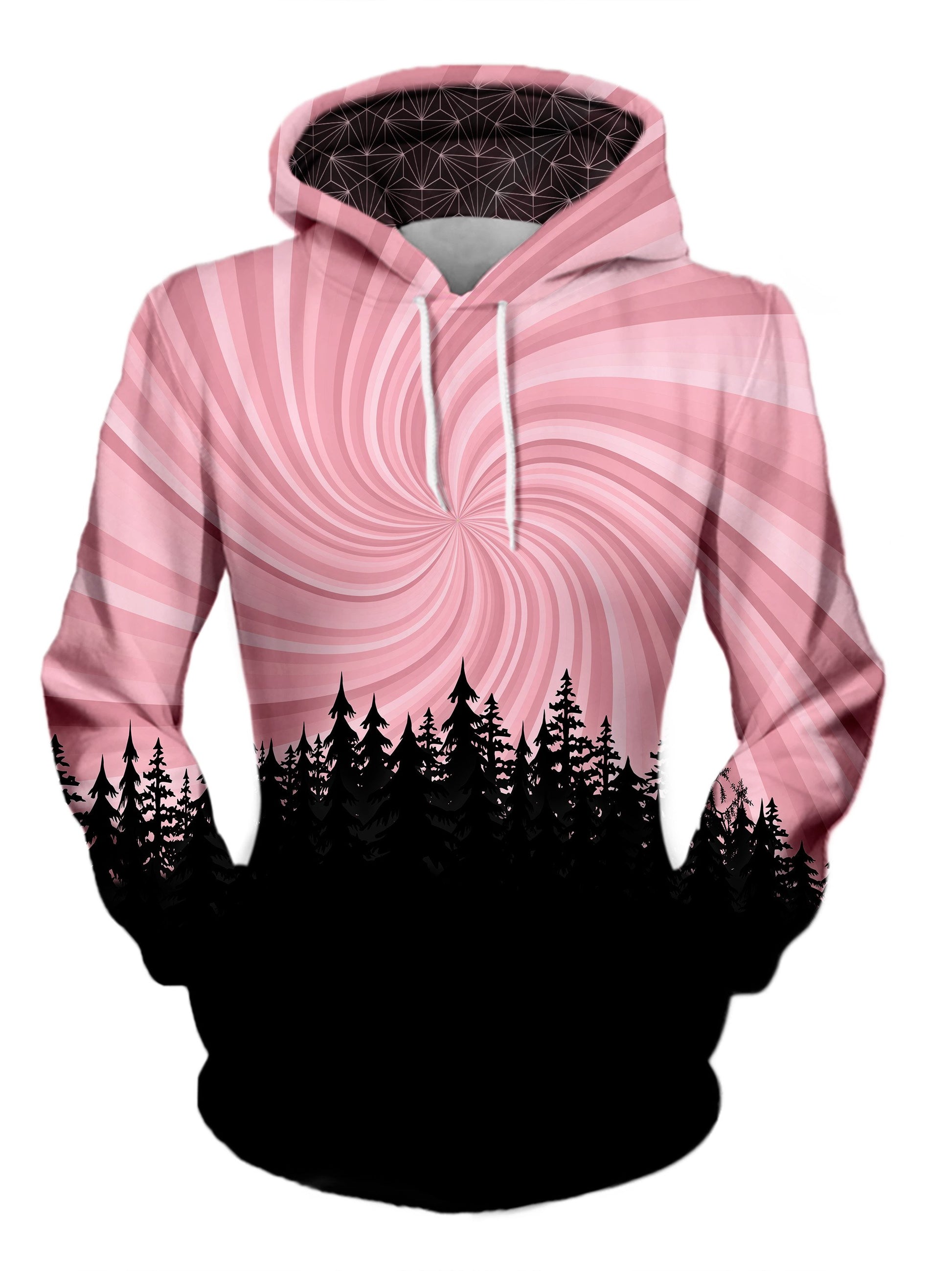 Women's front view of trippy treeline pullover hoodie.