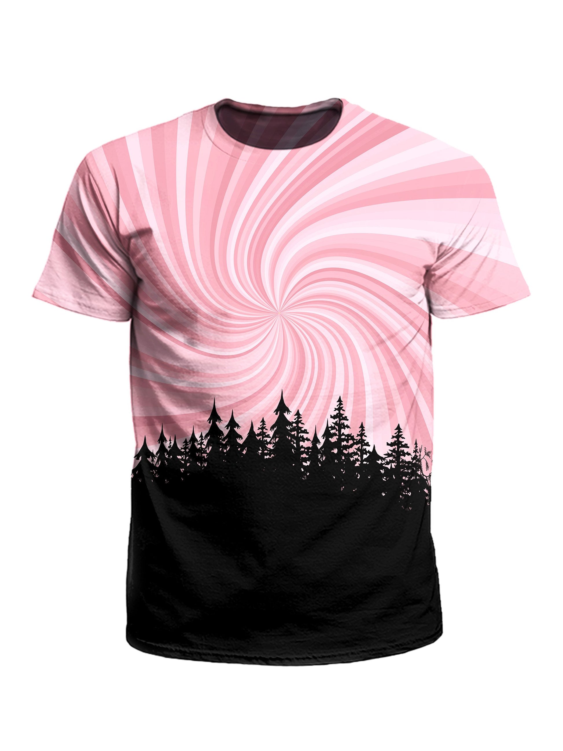 Men's pink & black spiral vortex treeline unisex t-shirt front view.