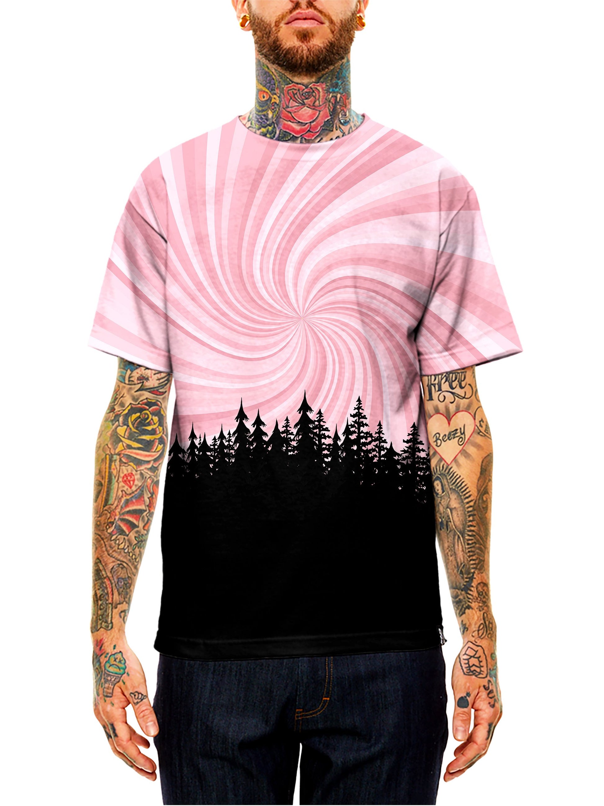 Model wearing GratefullyDyed Apparel pink & black spiral vortex forest unisex t-shirt.