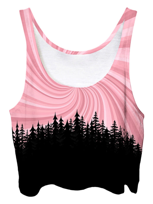 Trippy front view of GratefullyDyed Apparel pink & black vortex mandala forest crop top.