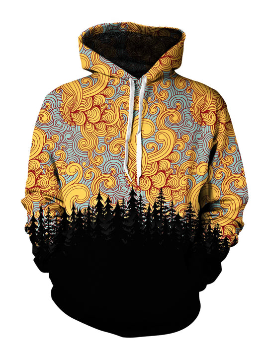 Men's orange, blue & black cloud swirl forest pullover hoodie front view.