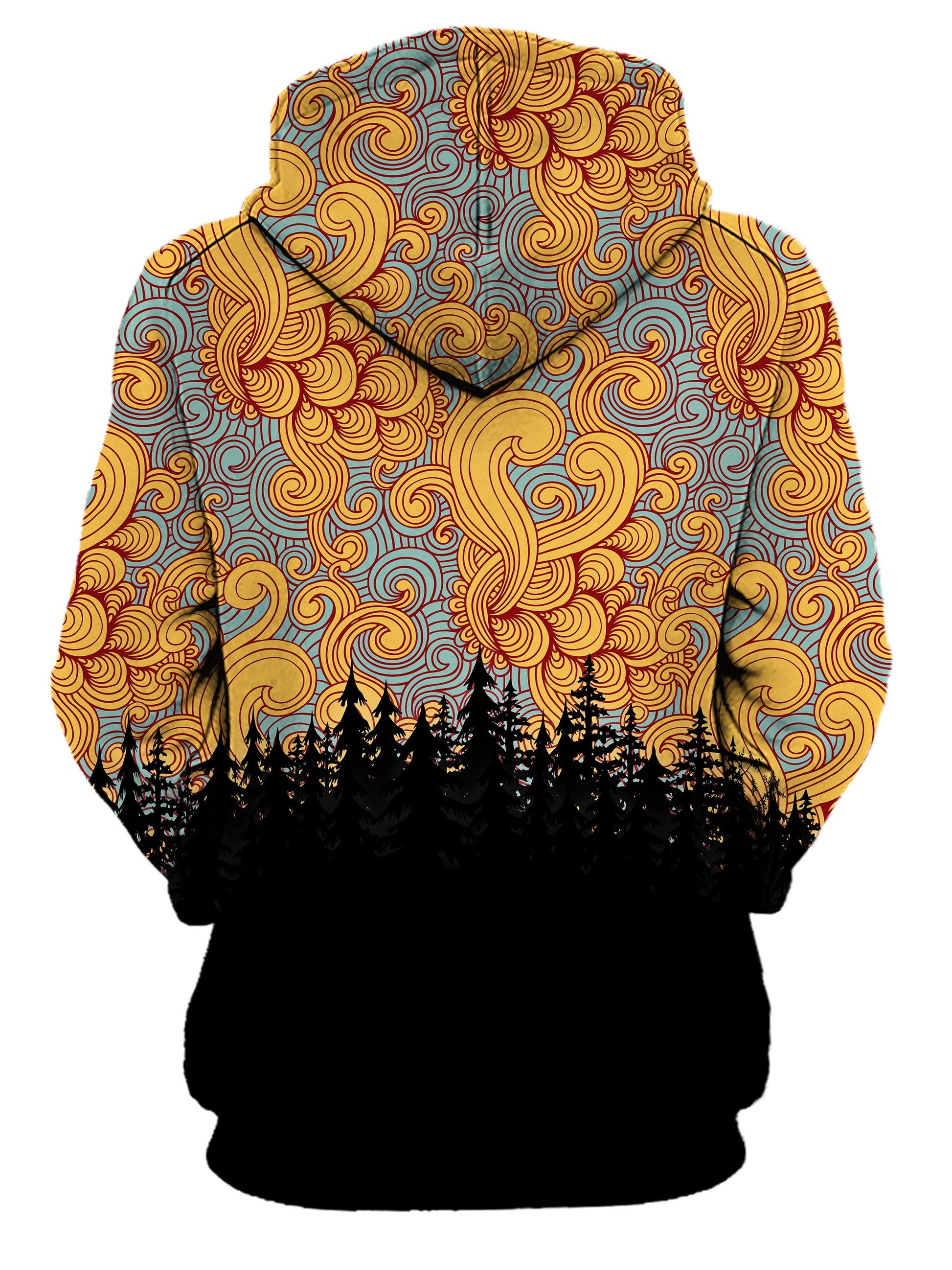Rear of women's all over print orange, blue & black psychedelic cloud swirl forest hoody. 