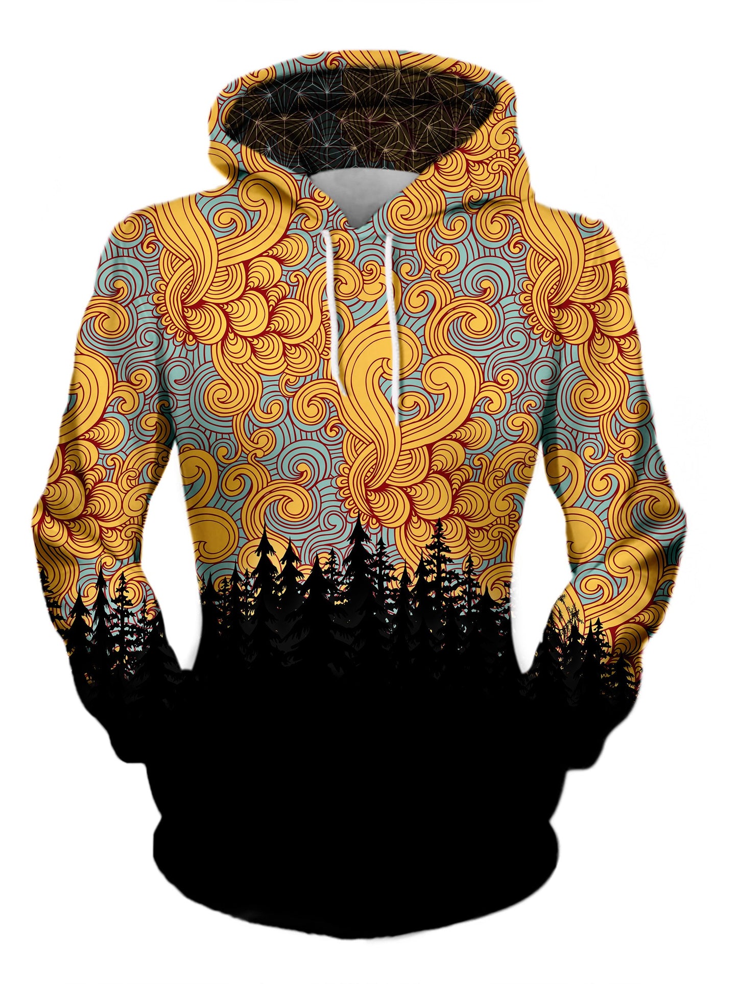 Women's front view of trippy treeline pullover hoodie.