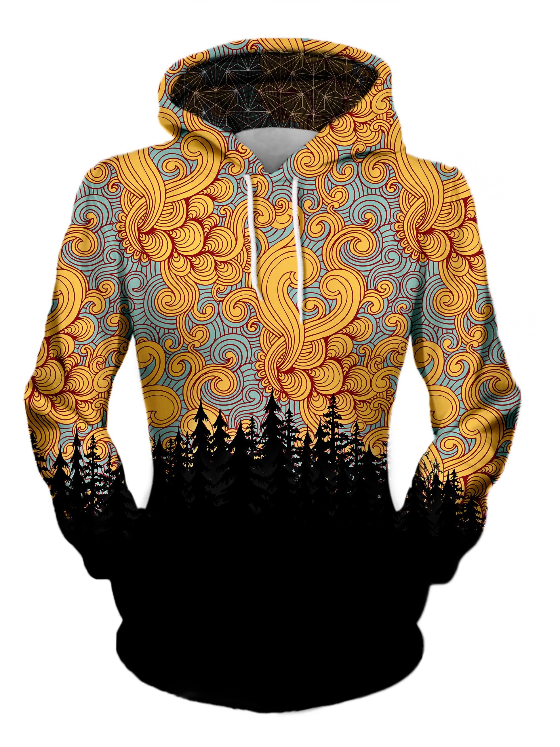 Women's front view of trippy treeline pullover hoodie.