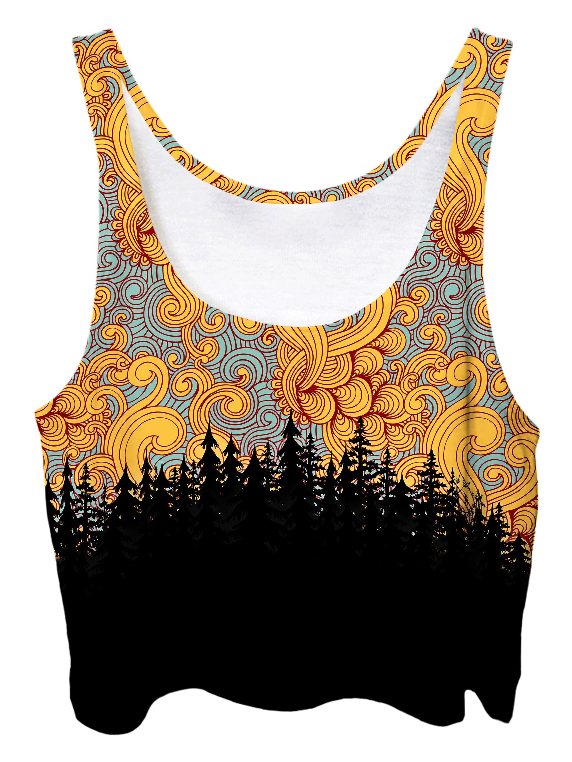 Trippy front view of GratefullyDyed Apparel orange, blue & black cloud swirl forest crop top.