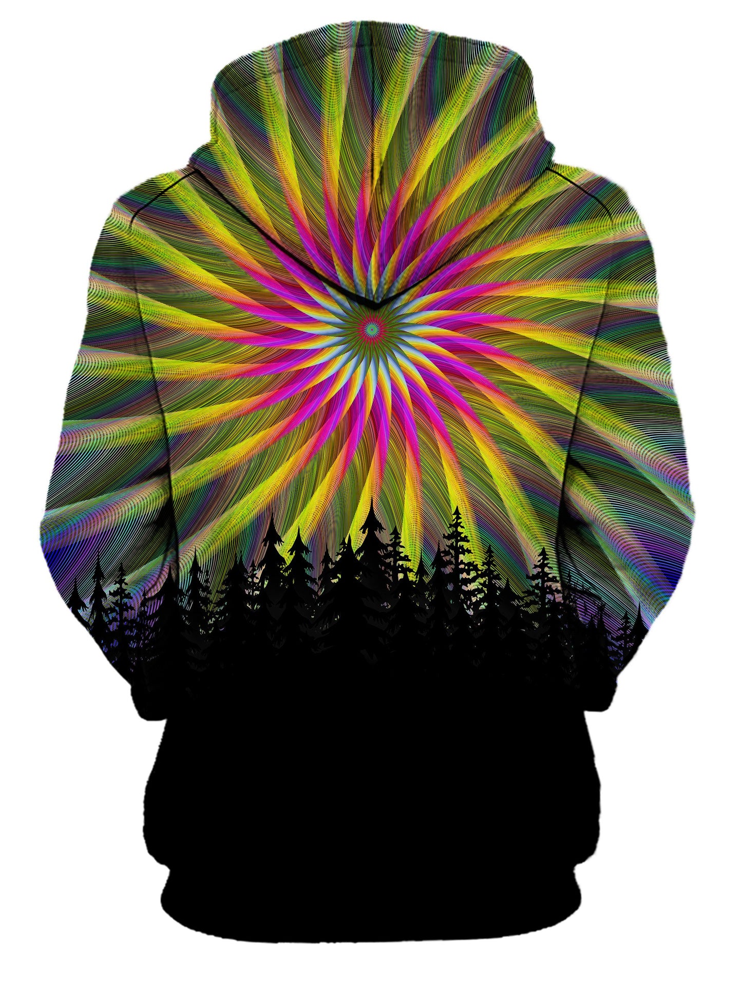 Rear of women's all over print rainbow & black psychedelic light fractal forest hoody. 