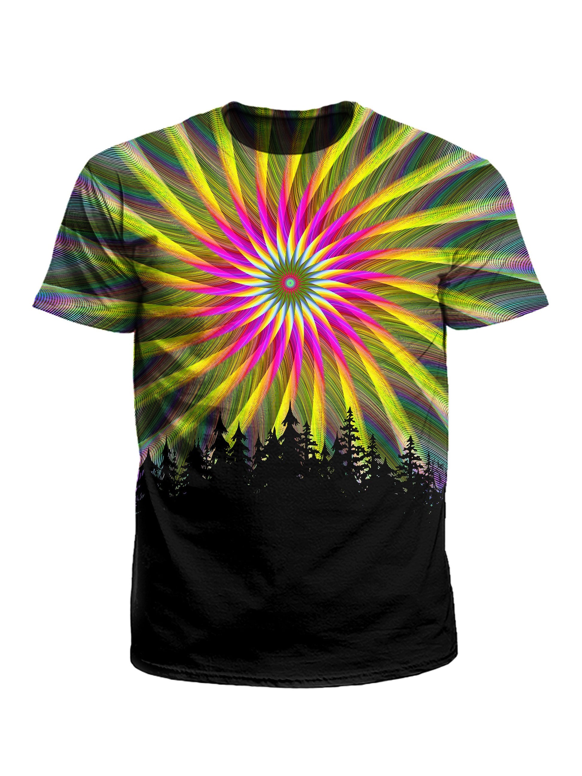 Men's rainbow & black light fractal mandala unisex t-shirt front view.