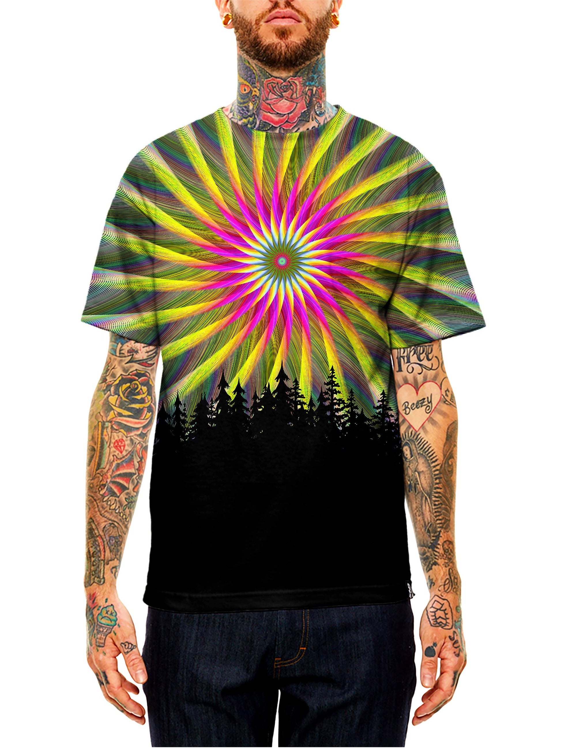 Model wearing GratefullyDyed Apparel rainbow & black light fractal mandala unisex t-shirt.