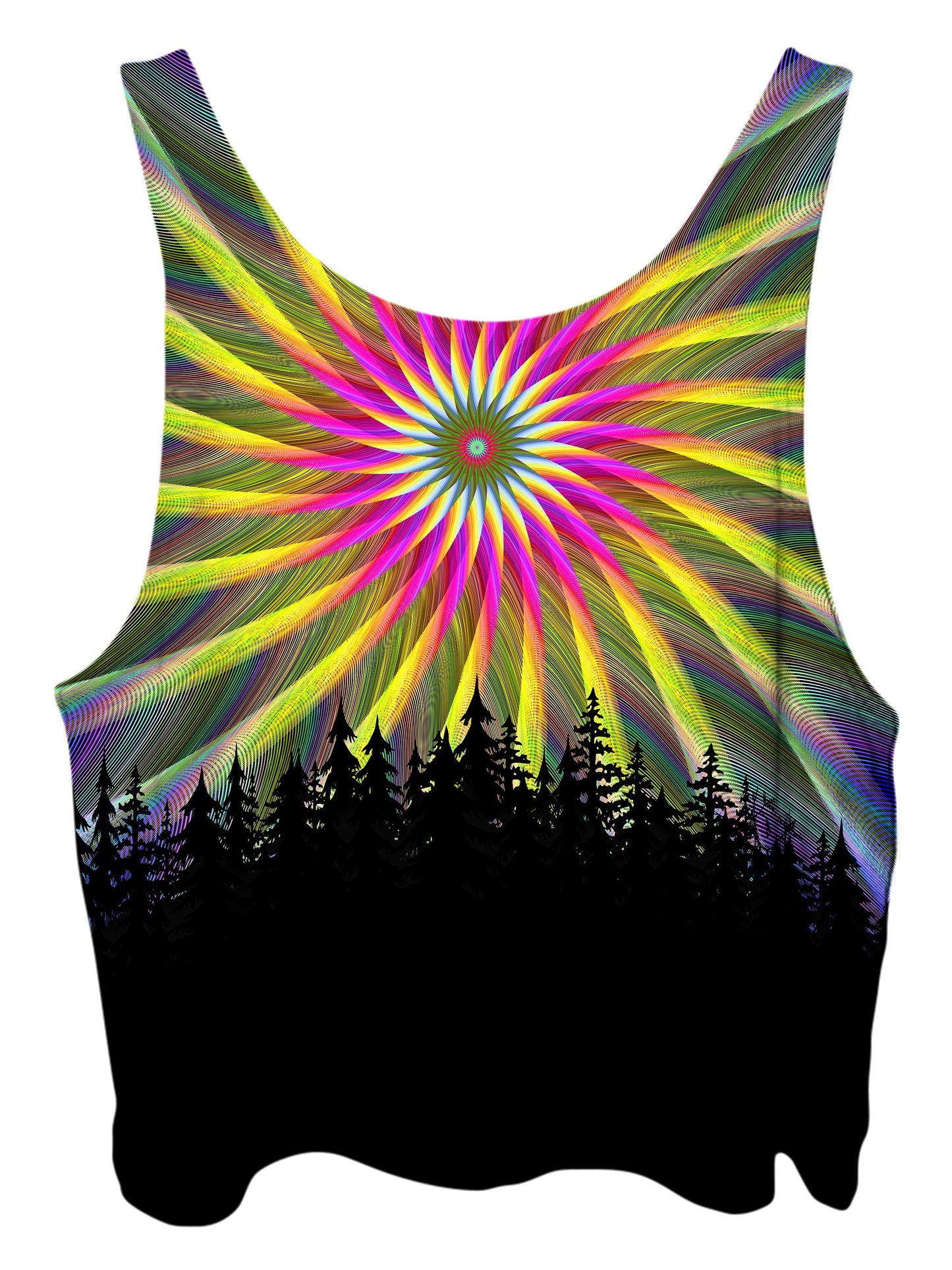 All over print psychedelic sacred geometry nature cropped top by Gratefully Dyed Apparel back view.