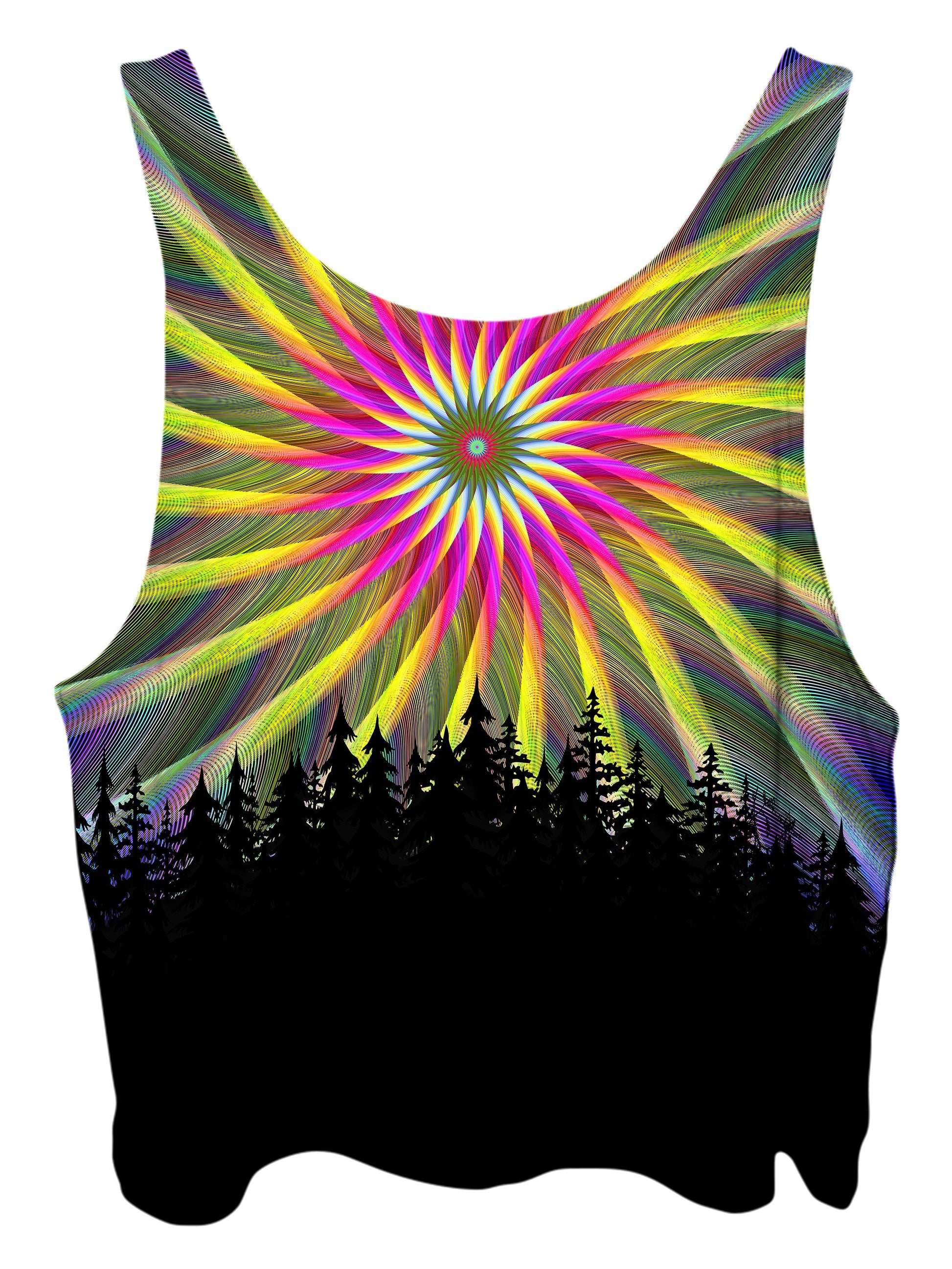 All over print psychedelic sacred geometry nature cropped top by Gratefully Dyed Apparel back view.