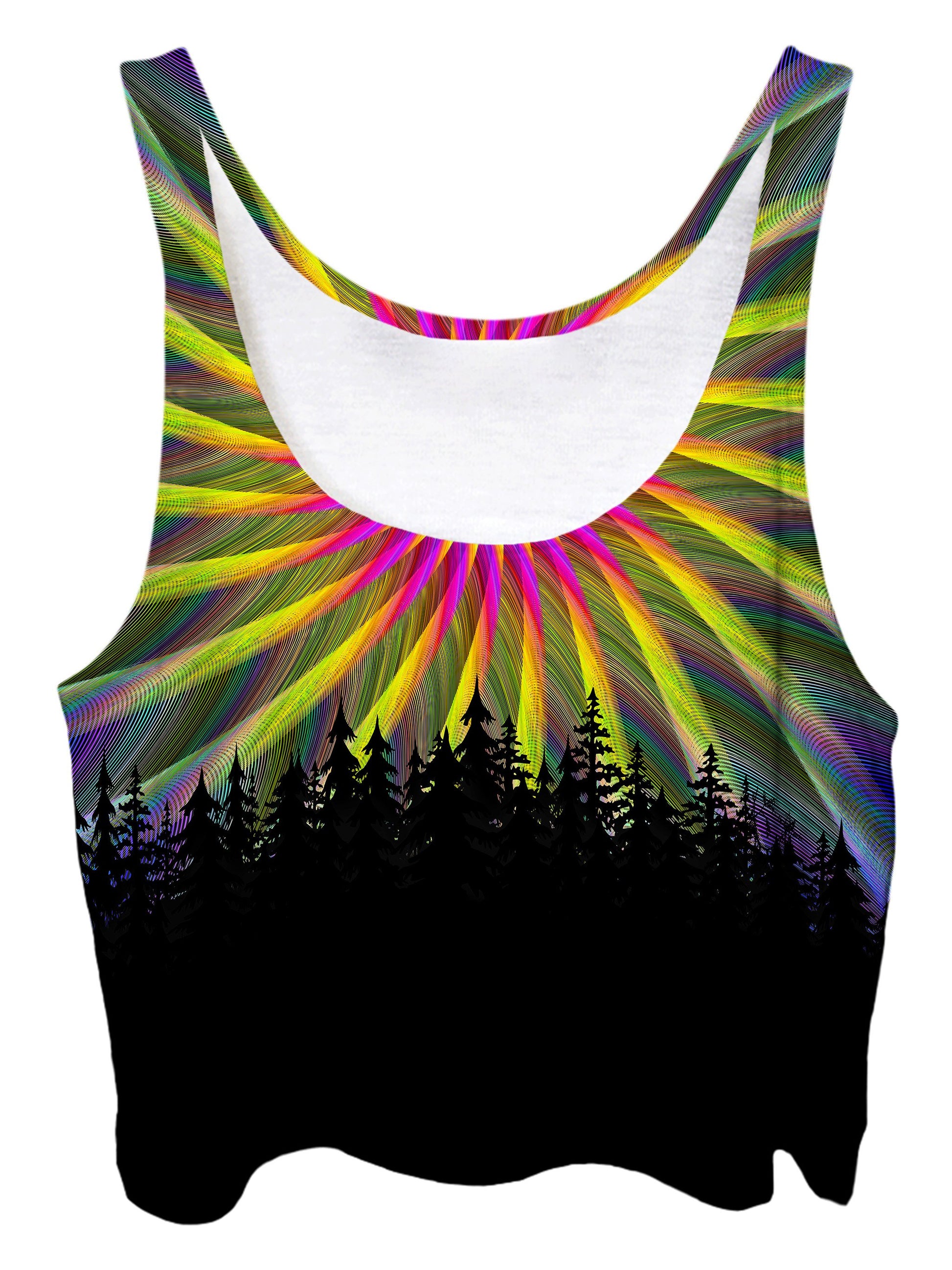 Trippy front view of GratefullyDyed Apparel light fractal mandala forest crop top.