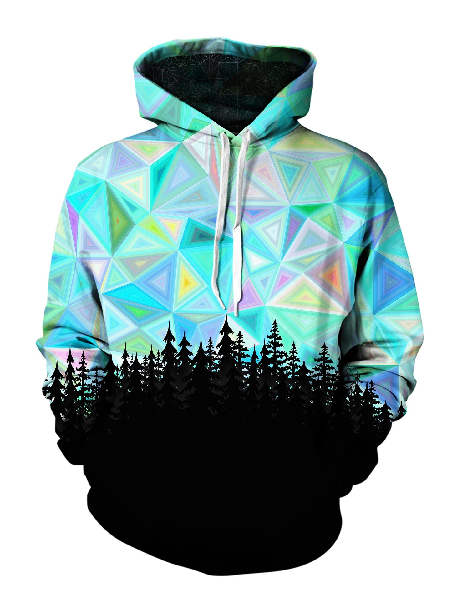Men's blue, rainbow & black geometric forest pullover hoodie front view.