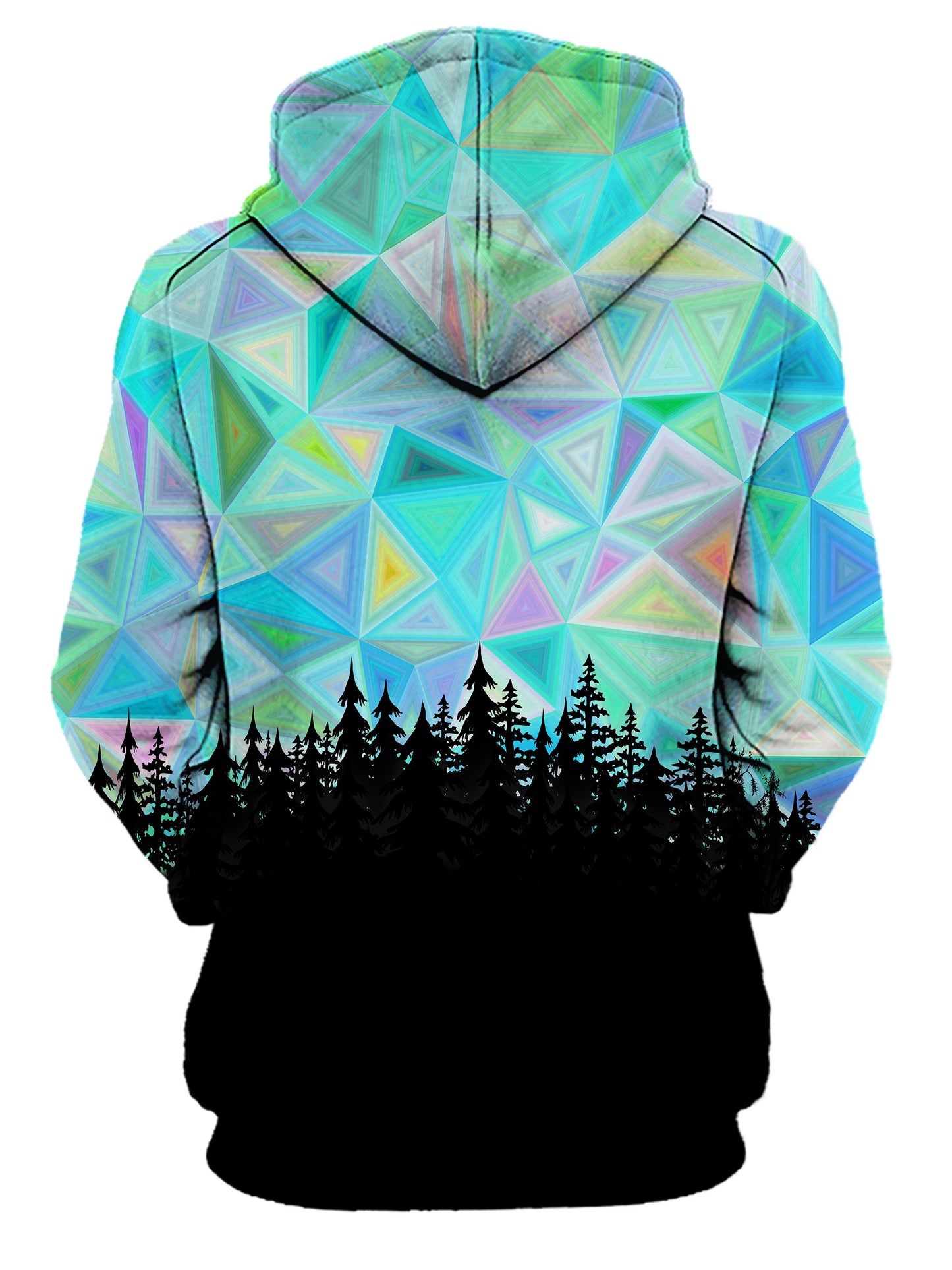 Rear of women's all over print blue, rainbow & black psychedelic sky forest hoody. 