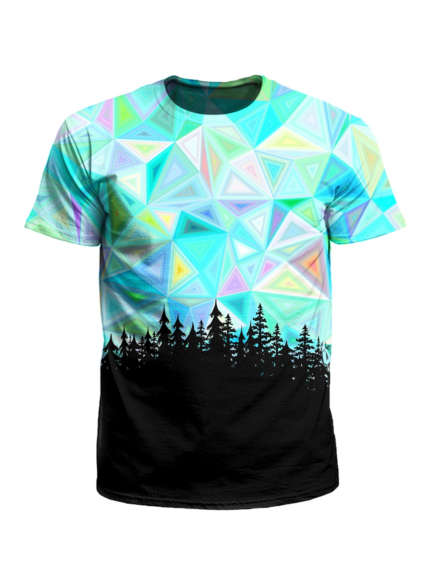 Men's blue, rainbow & black geometric treeline unisex t-shirt front view.
