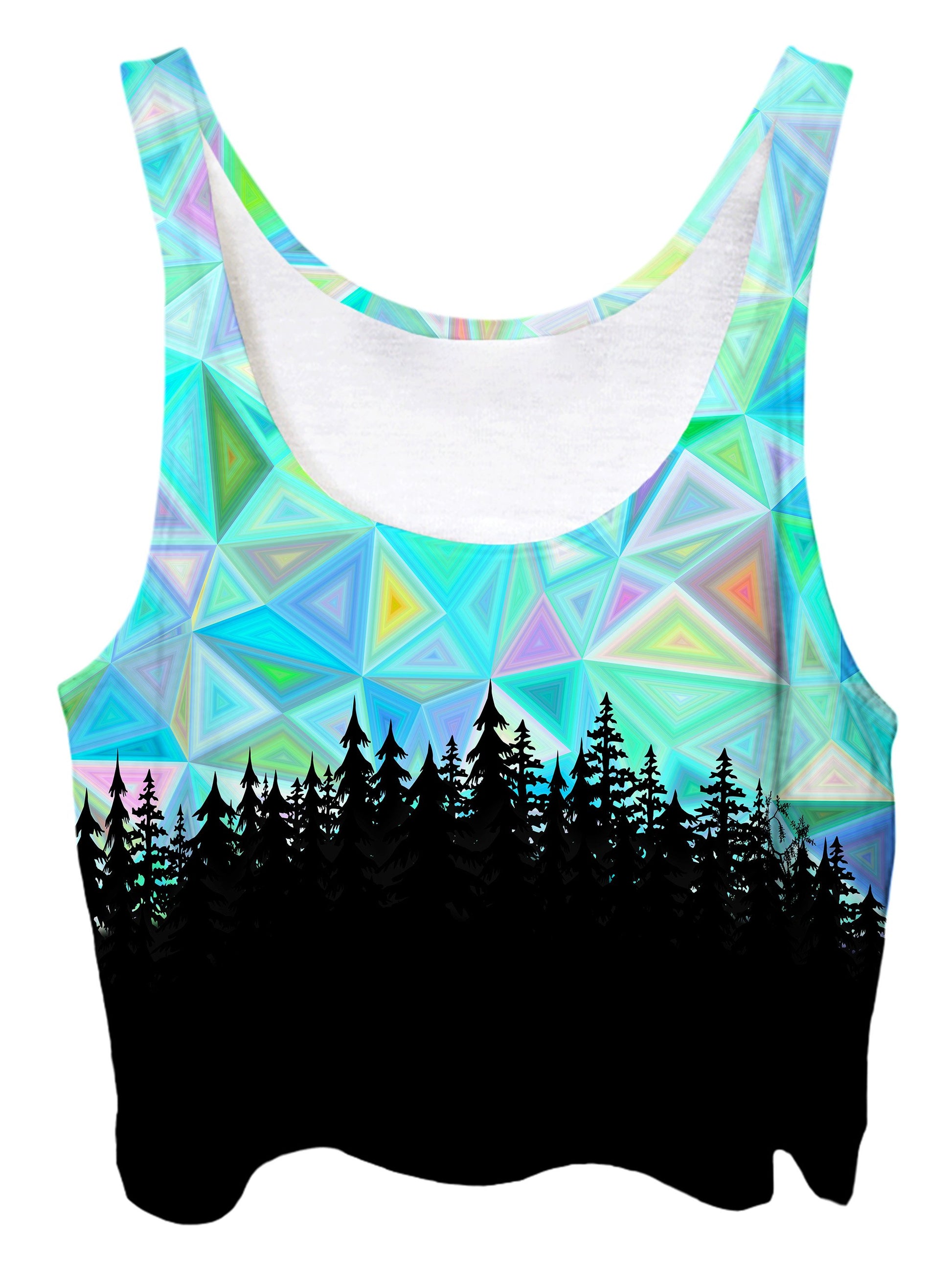 Trippy front view of GratefullyDyed Apparel blue geometry forest crop top.