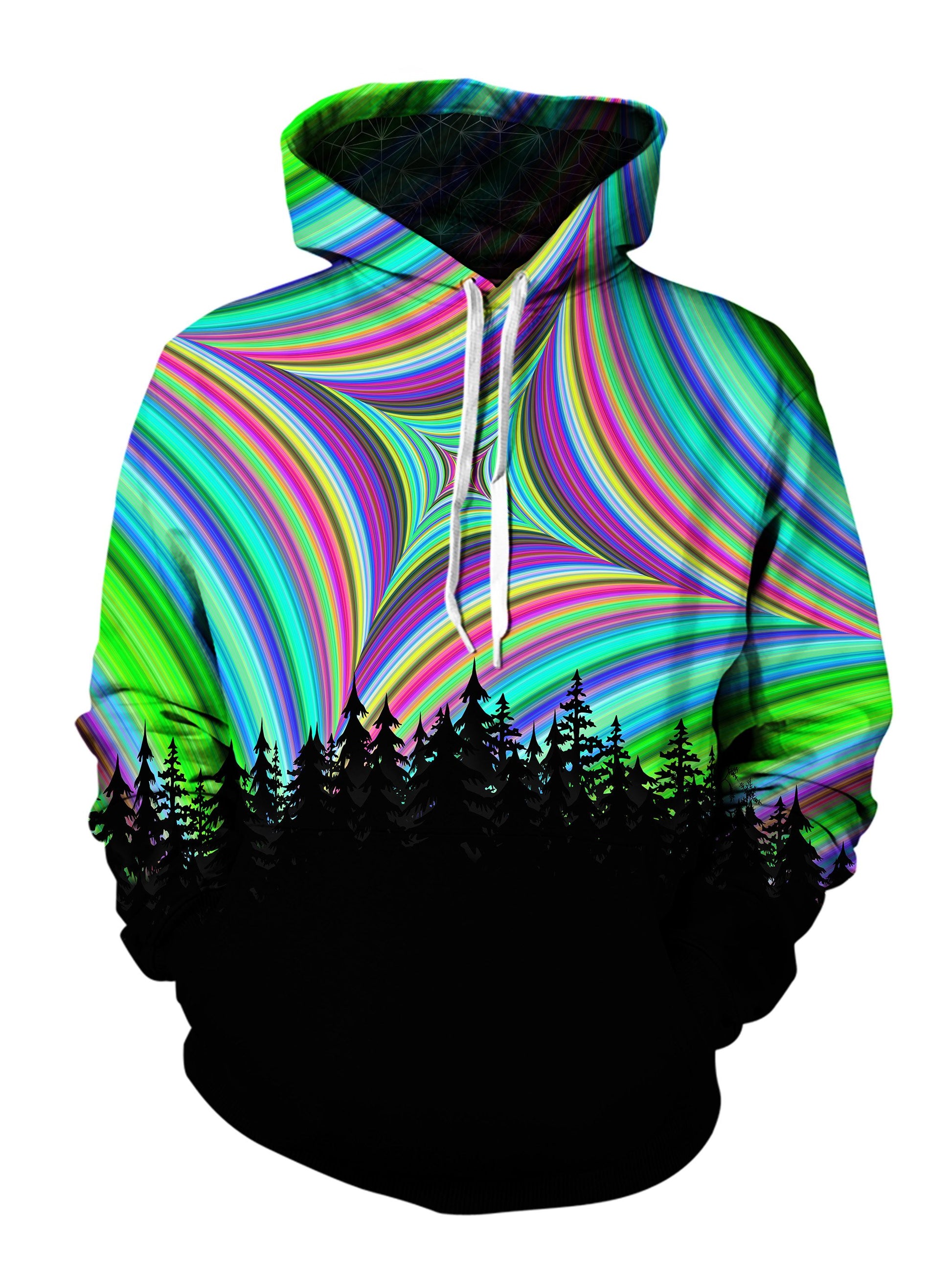 Men's green, blue, red & black geometric mandala forest pullover hoodie front view.