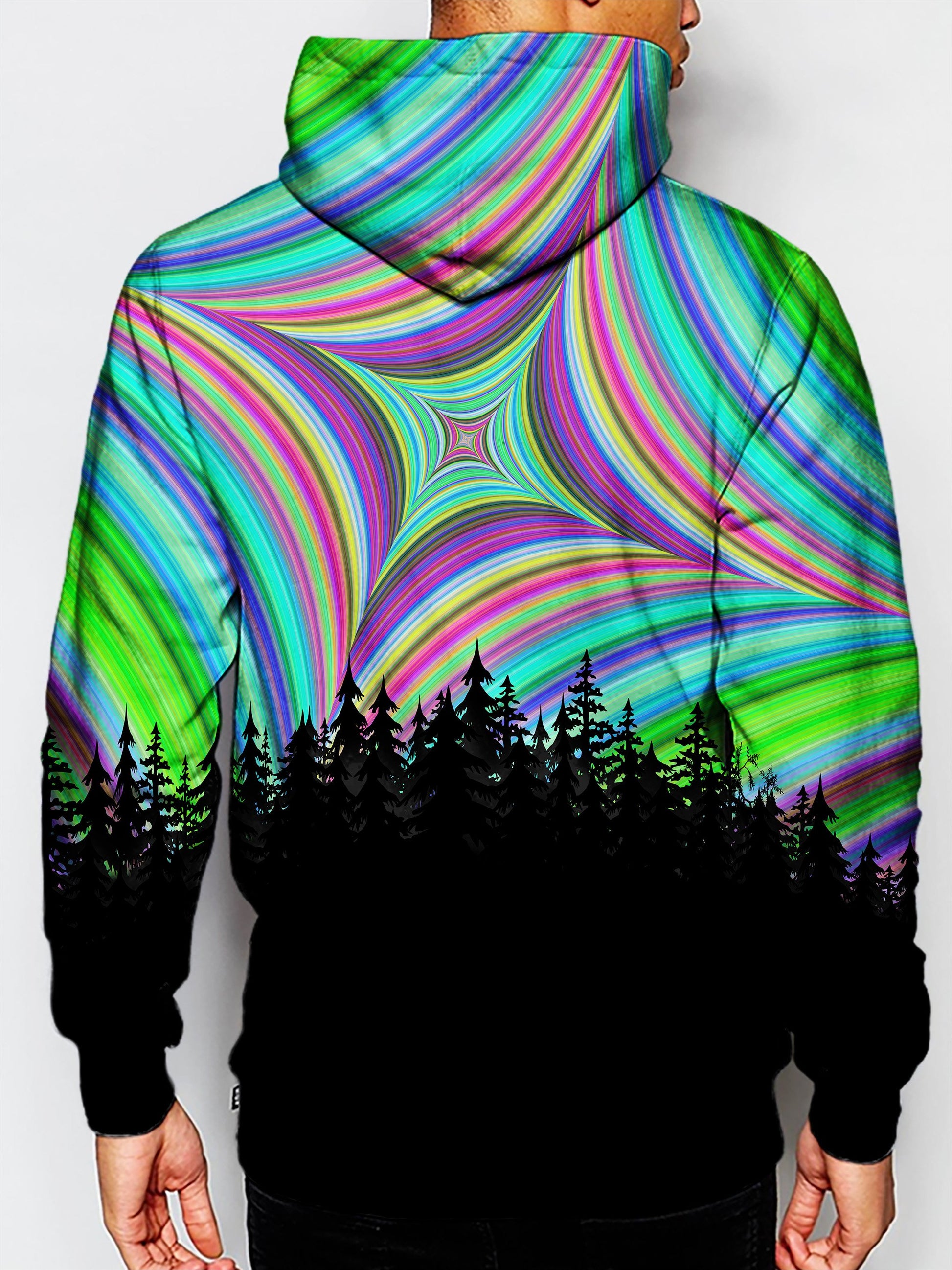 Model wearing GratefullyDyed Apparel psychedelic nature pullover hoodie.