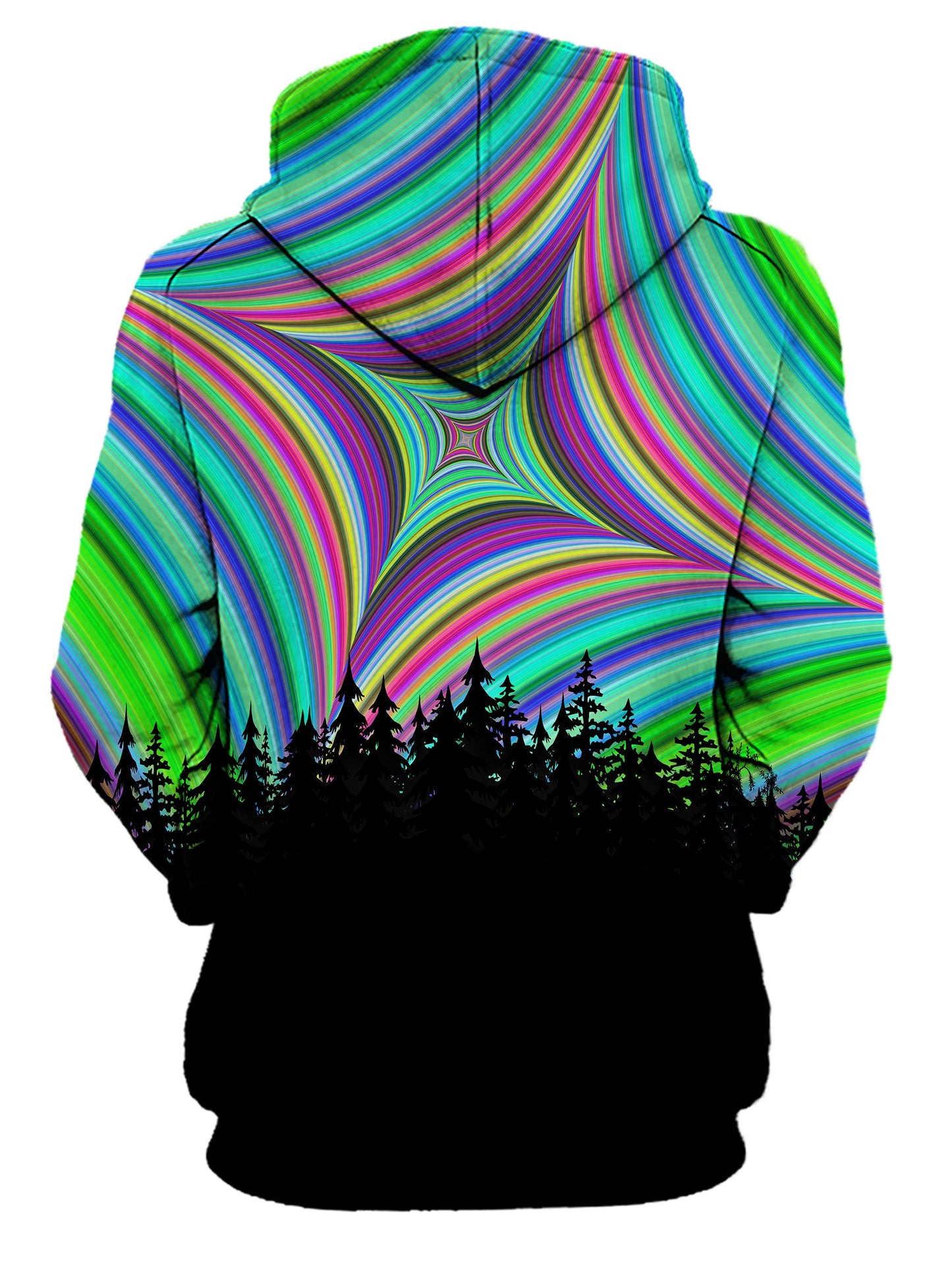 Rear of women's all over print green, blue, red & black psychedelic mandala forest hoody. 