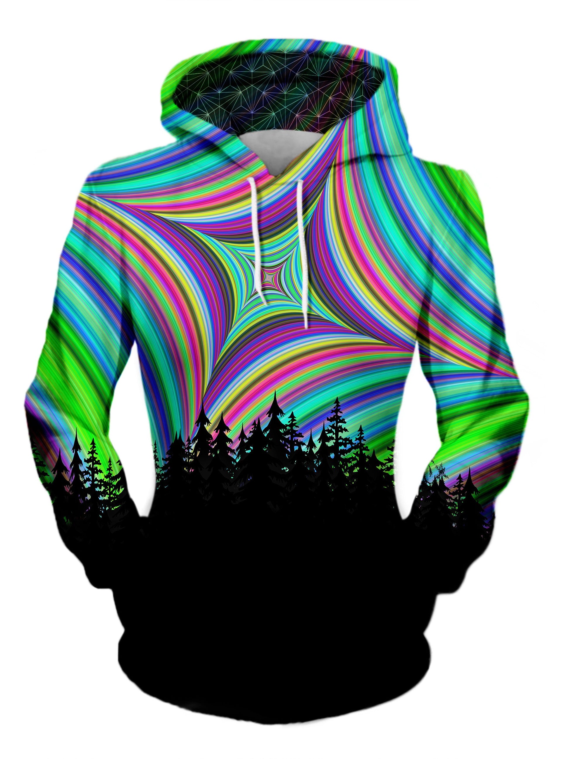 Women's front view of trippy treeline pullover hoodie.