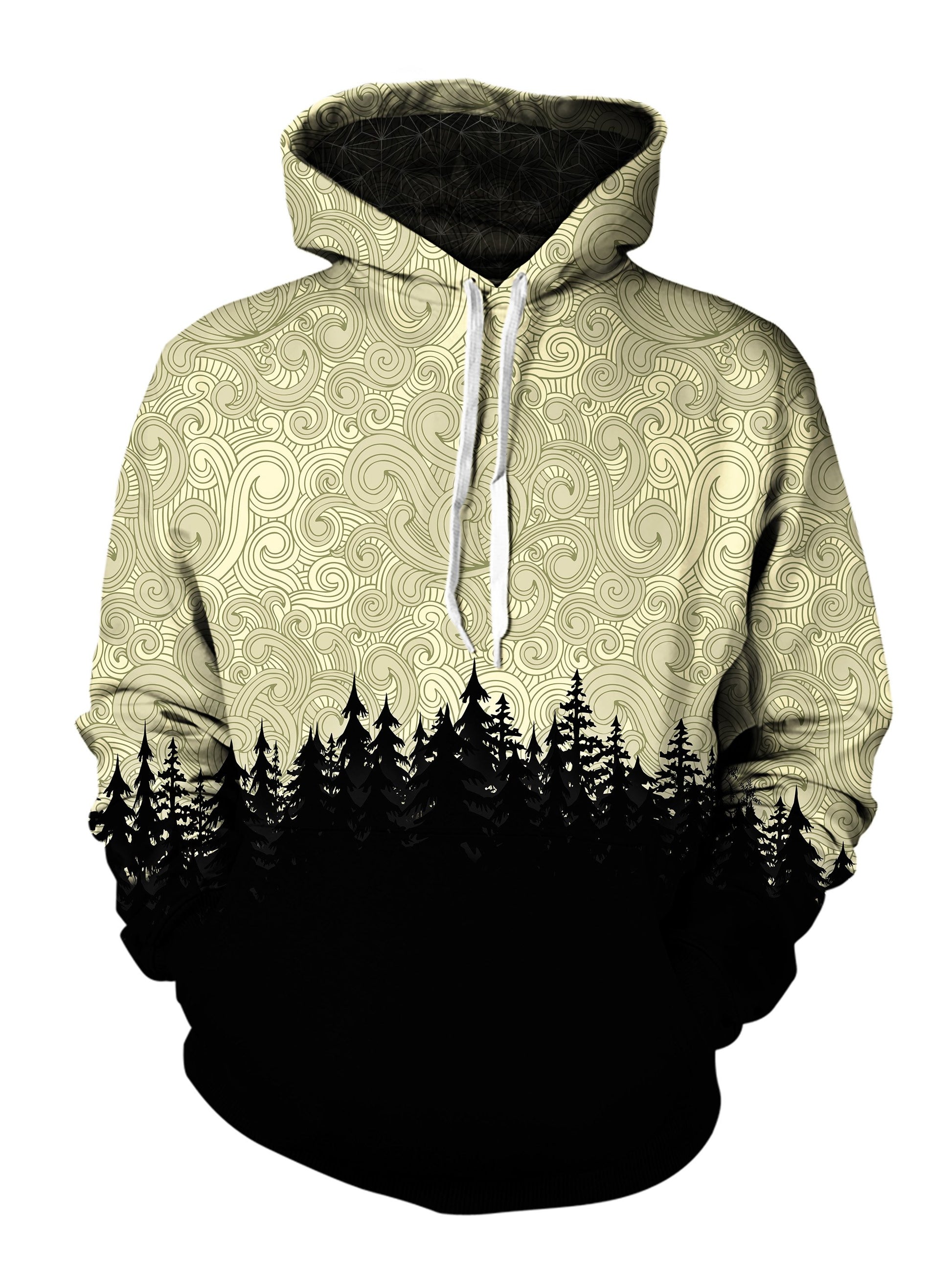 Men's brown & black cloud swirl forest pullover hoodie front view.