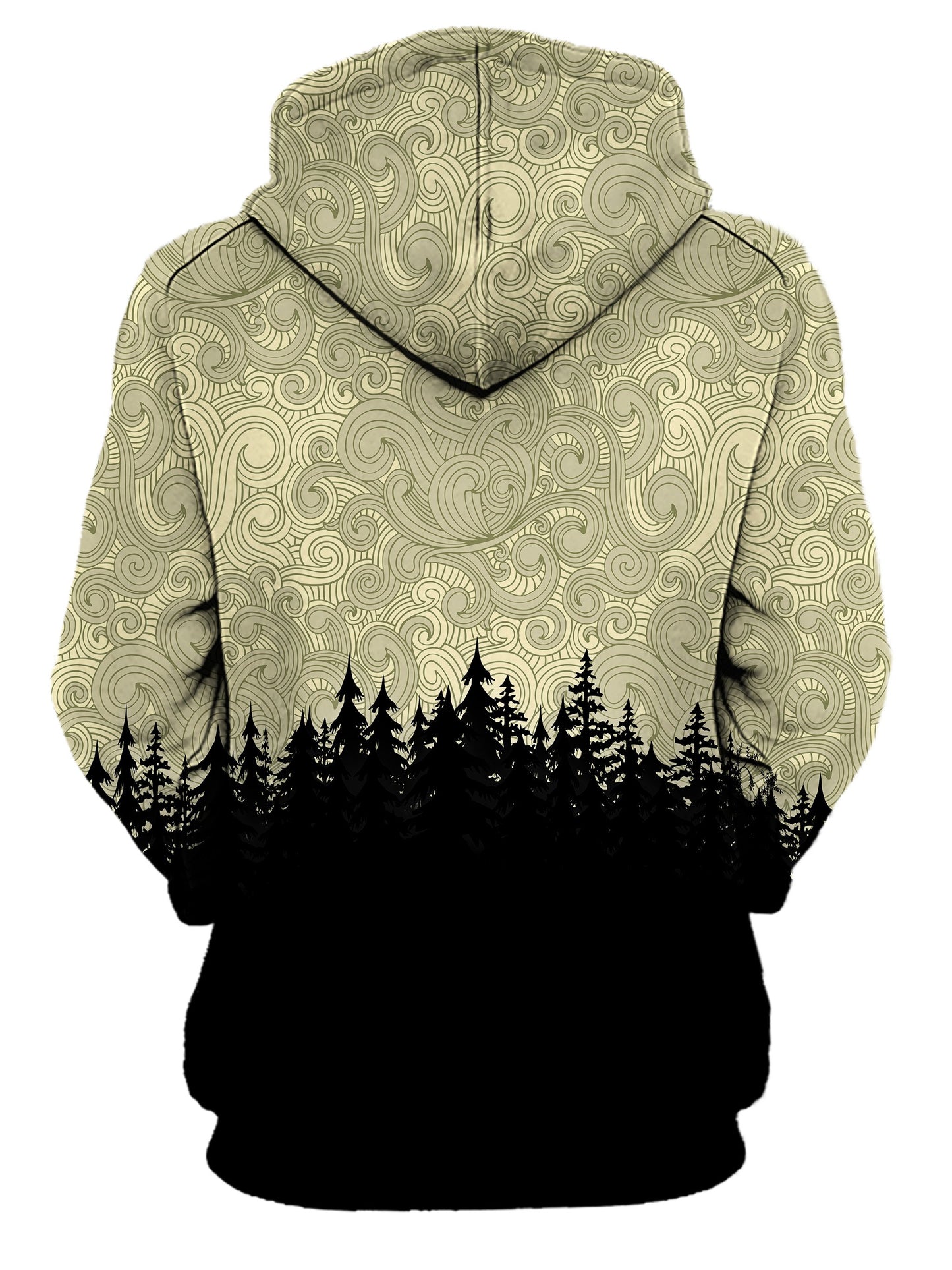 Rear of women's all over print brown & black psychedelic cloud swirl forest hoody. 