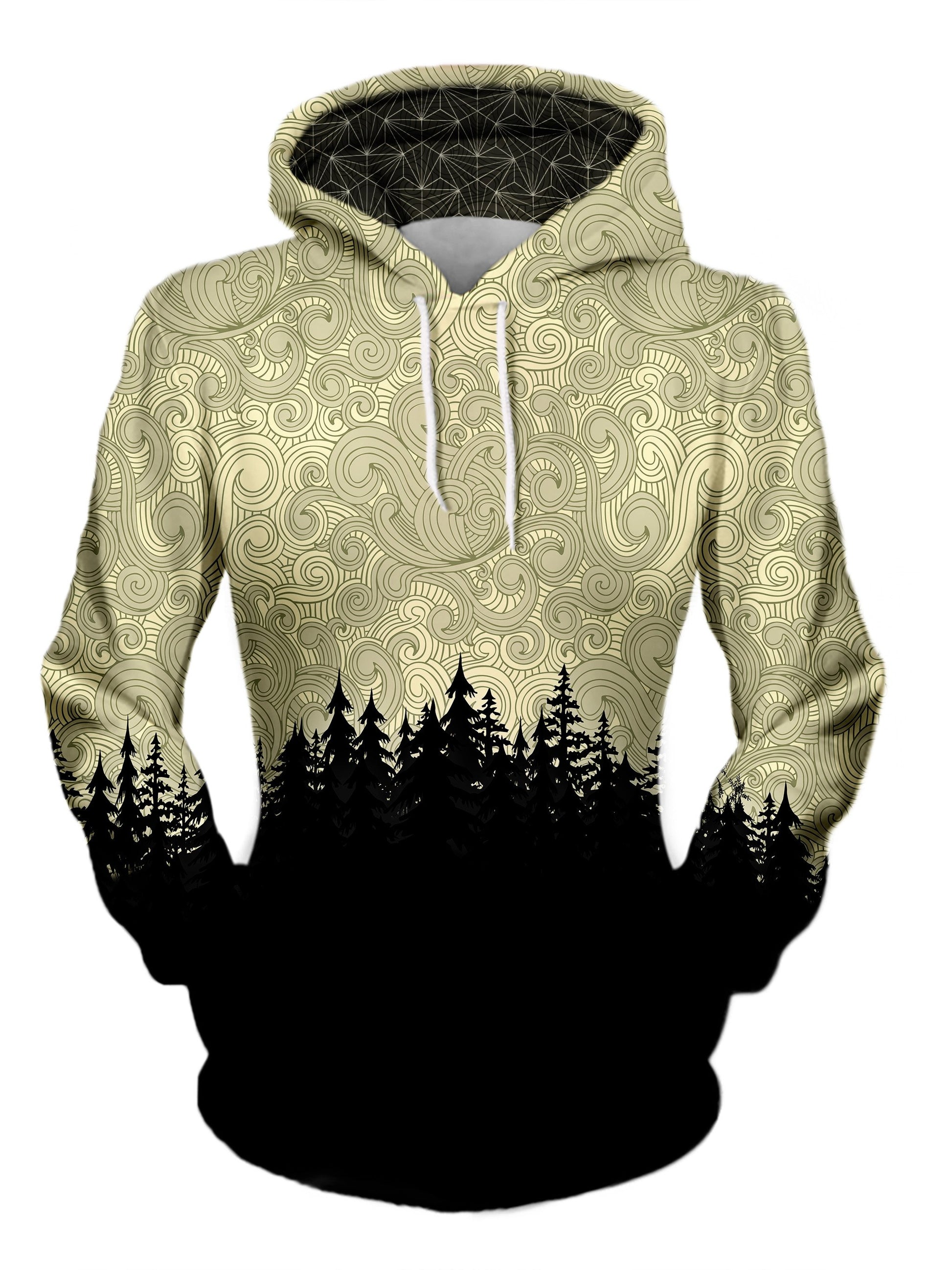 Women's front view of trippy treeline pullover hoodie.