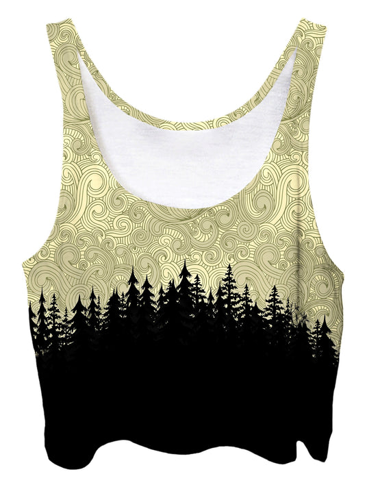 Trippy front view of GratefullyDyed Apparel yellow & black pastel cloud swirl forest crop top.