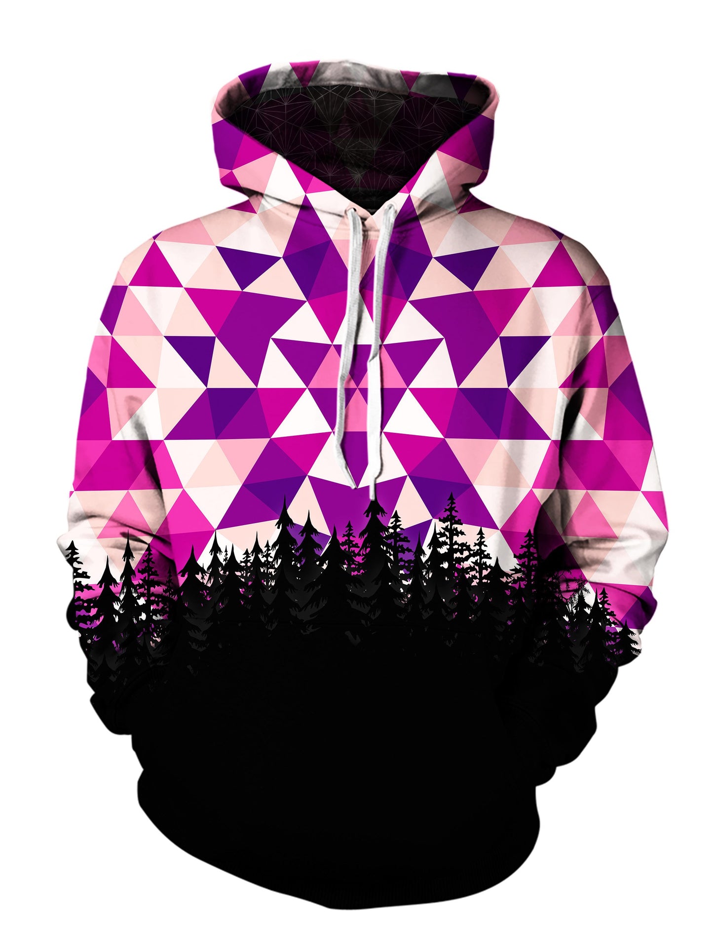Men's pink, purple & black polygon mandala forest pullover hoodie front view.