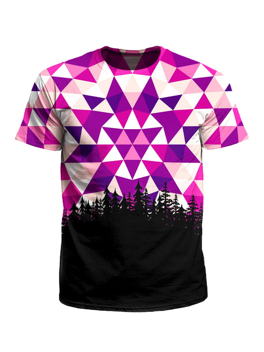 Men's pink, purple, white & black tribal treeline unisex t-shirt front view.