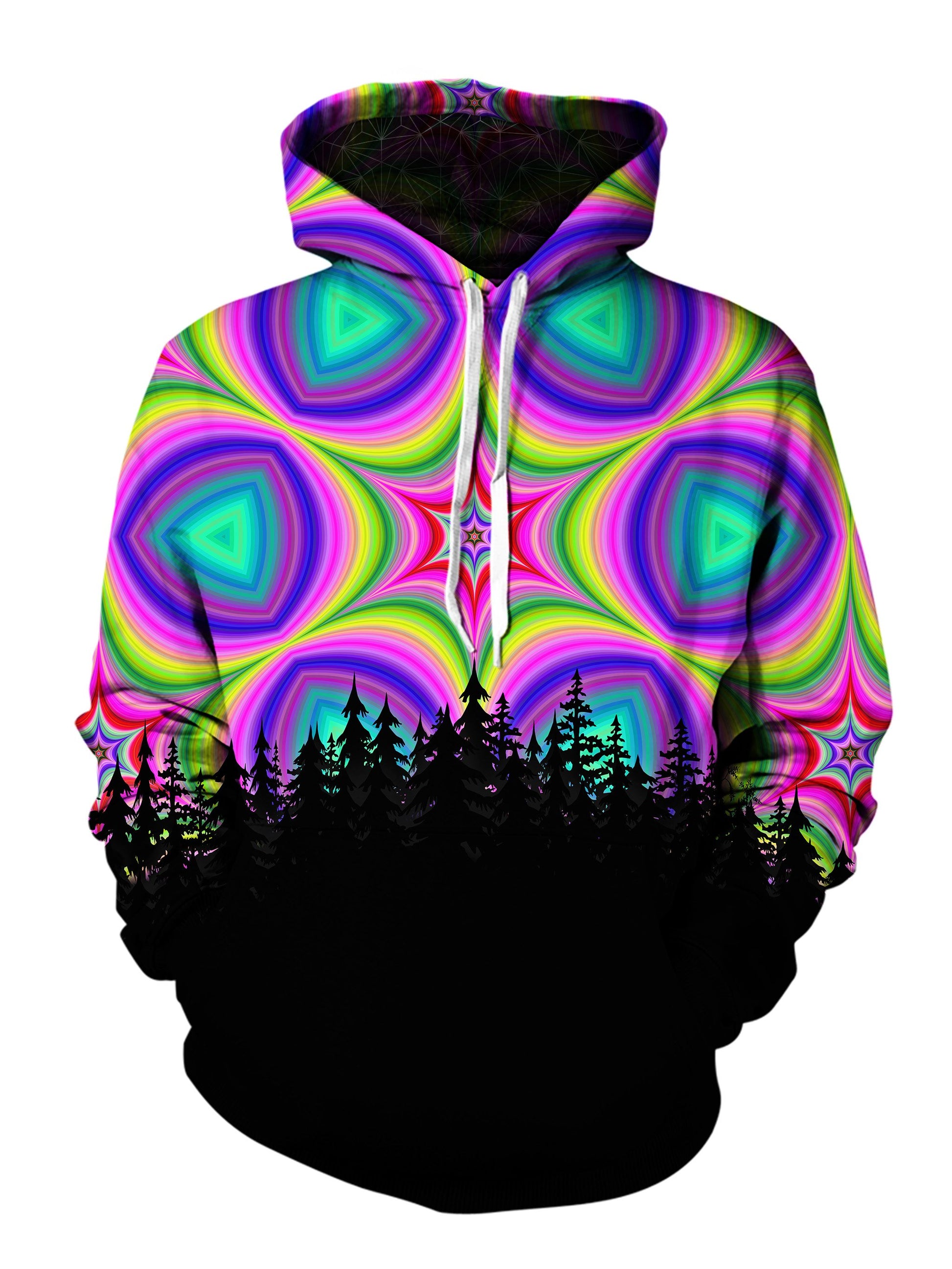 Men's pink, purple, green, blue & black star mandala forest pullover hoodie front view.