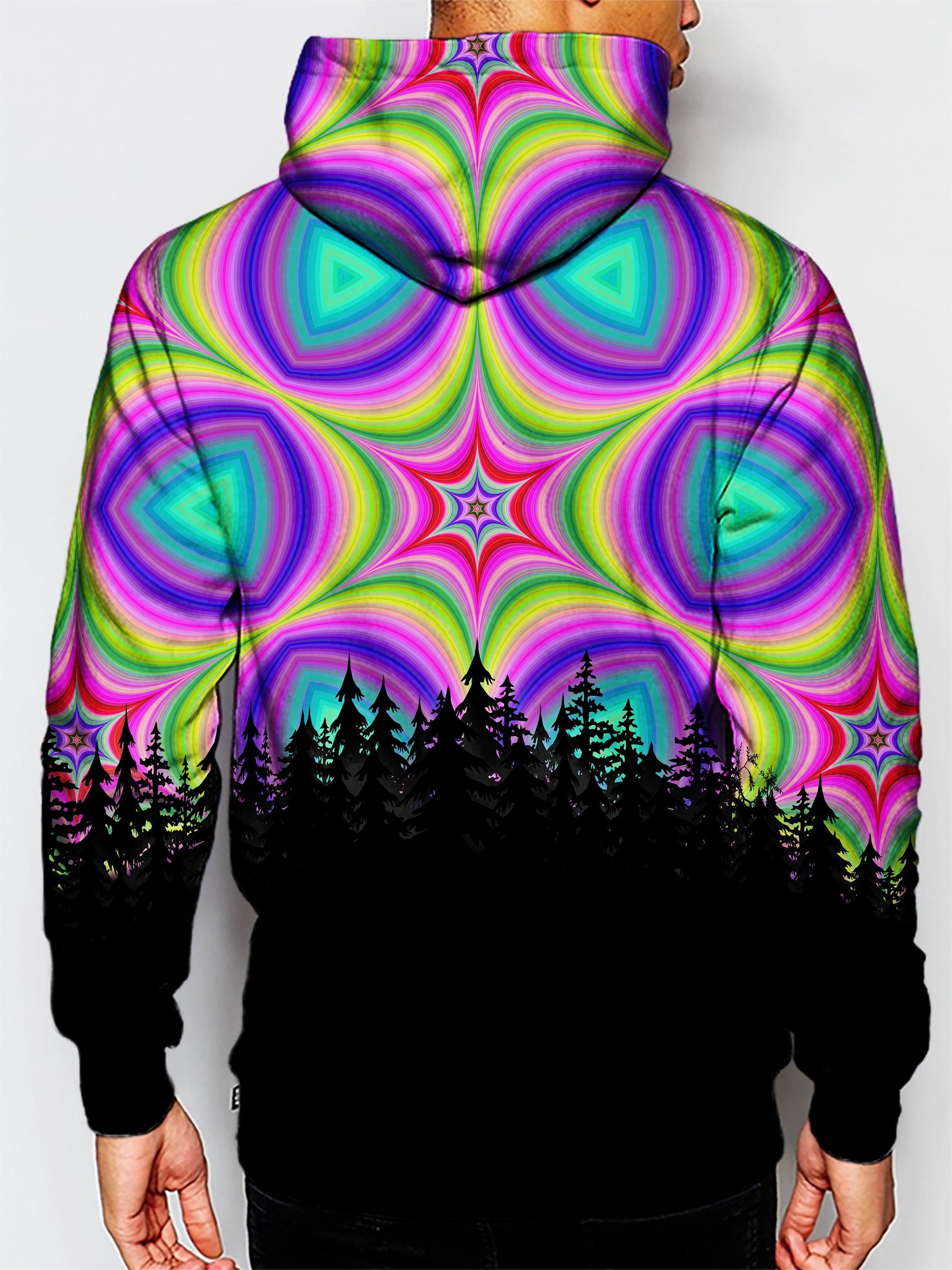 Model wearing GratefullyDyed Apparel psychedelic nature pullover hoodie.
