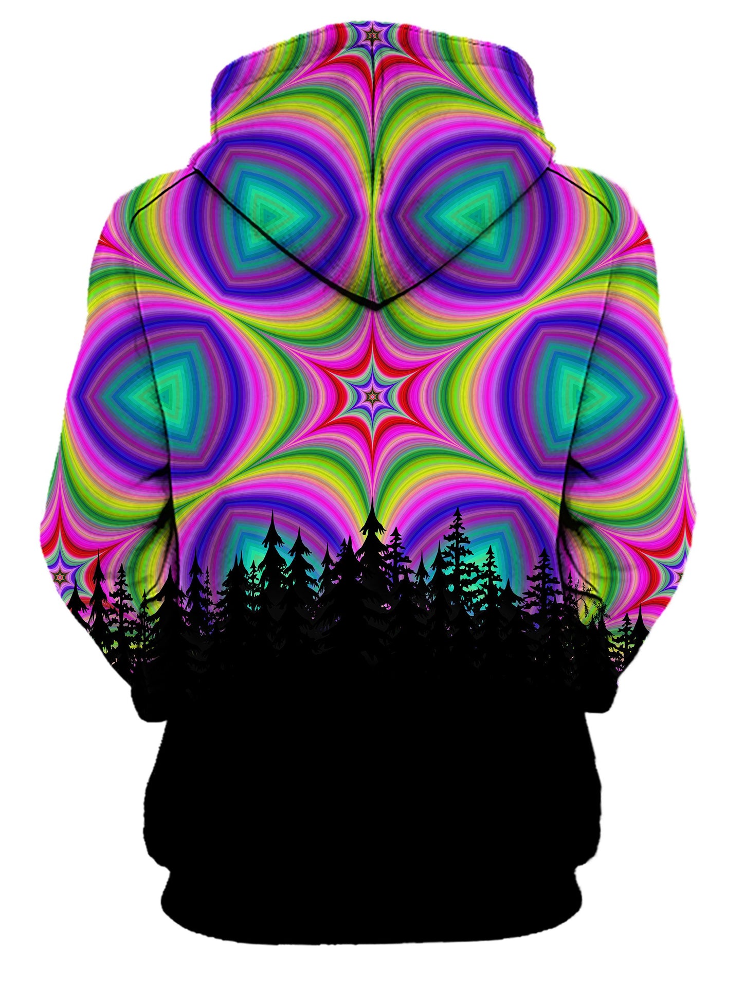 Rear of women's all over print pink, purple, green, blue & black psychedelic star mandala forest hoody. 